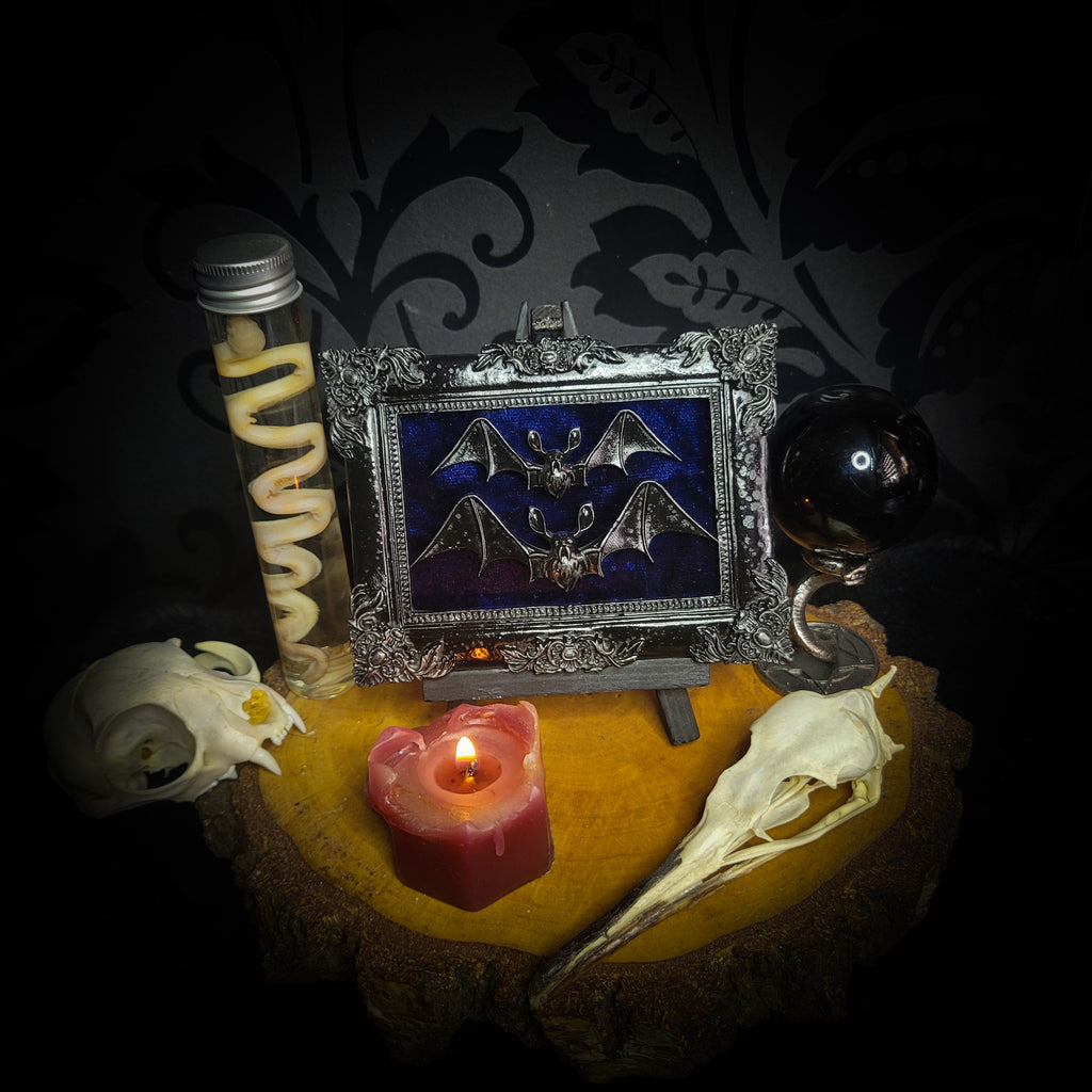 Nox Caelestis — handmade gothic shadowbox, made to order. Detailed handcrafted bat set in ornate decorative frame on deep blue velvet background. Nocturnal gothic wall decor, 12x9.5cm.