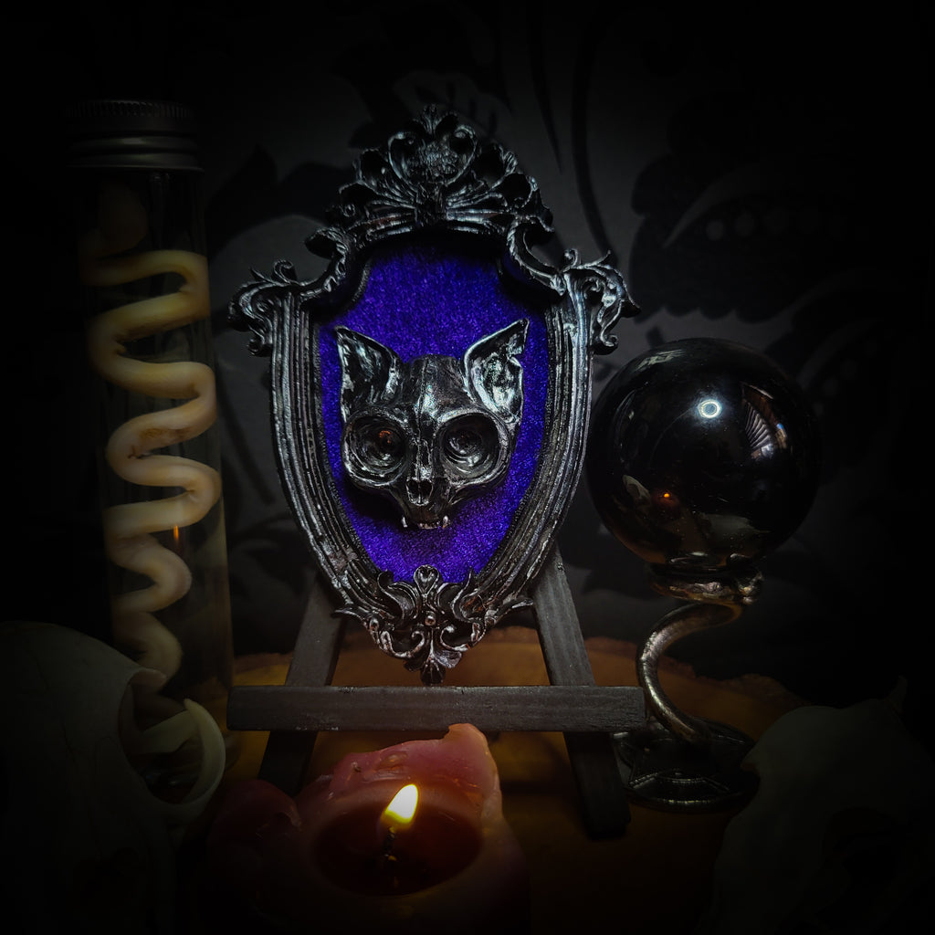 Handmade gothic shadowbox — hand-cast cat skull on velvet, ornate baroque frame, vampiric design, made to order, 8x12cm