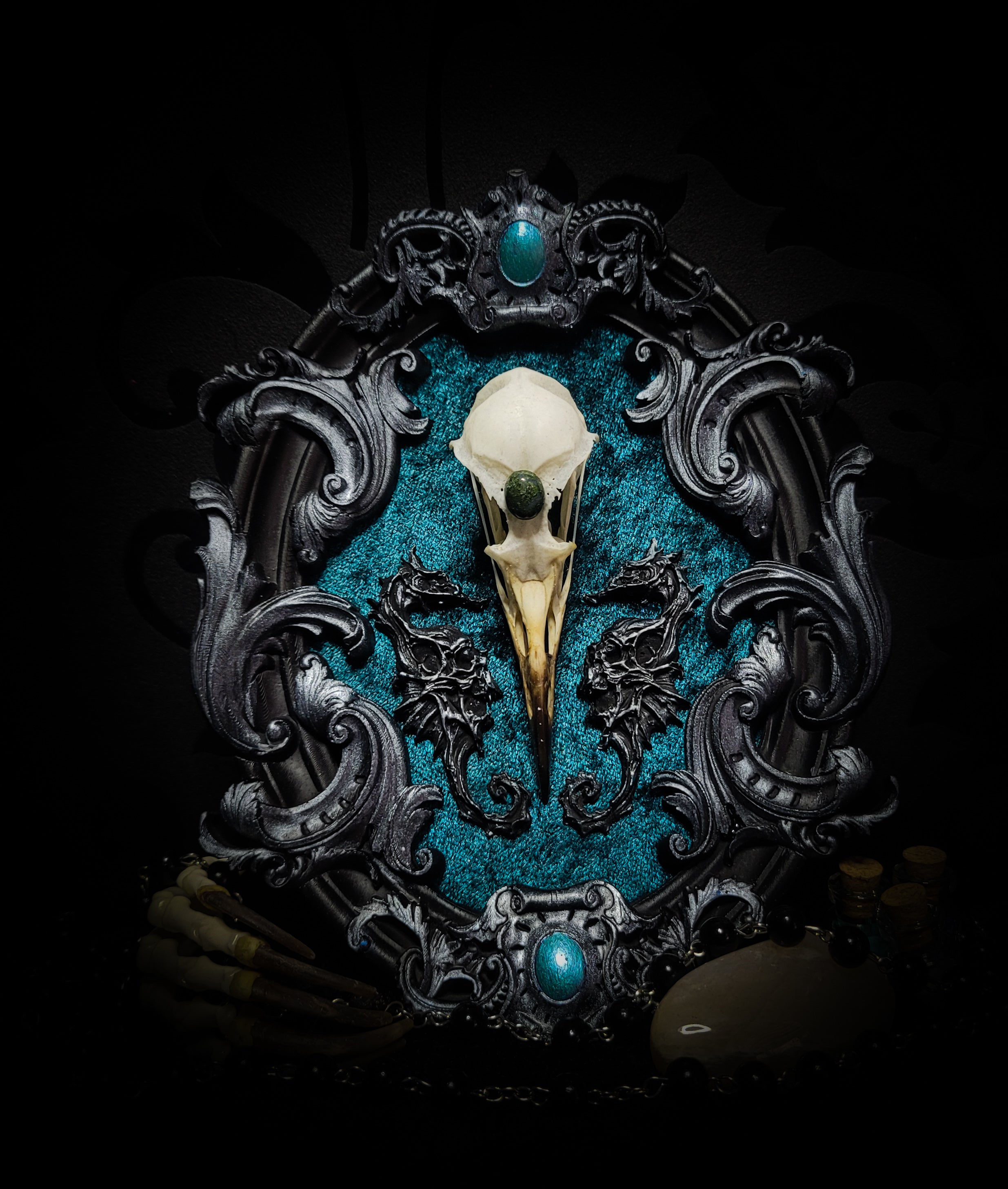 Song of the Sirens | Witches — handmade gothic wall decor with real bird skull, moss agate, sculpted seahorses with skull details on crushed blue-green velvet in hand-cast ornamental frame, 19x15cm