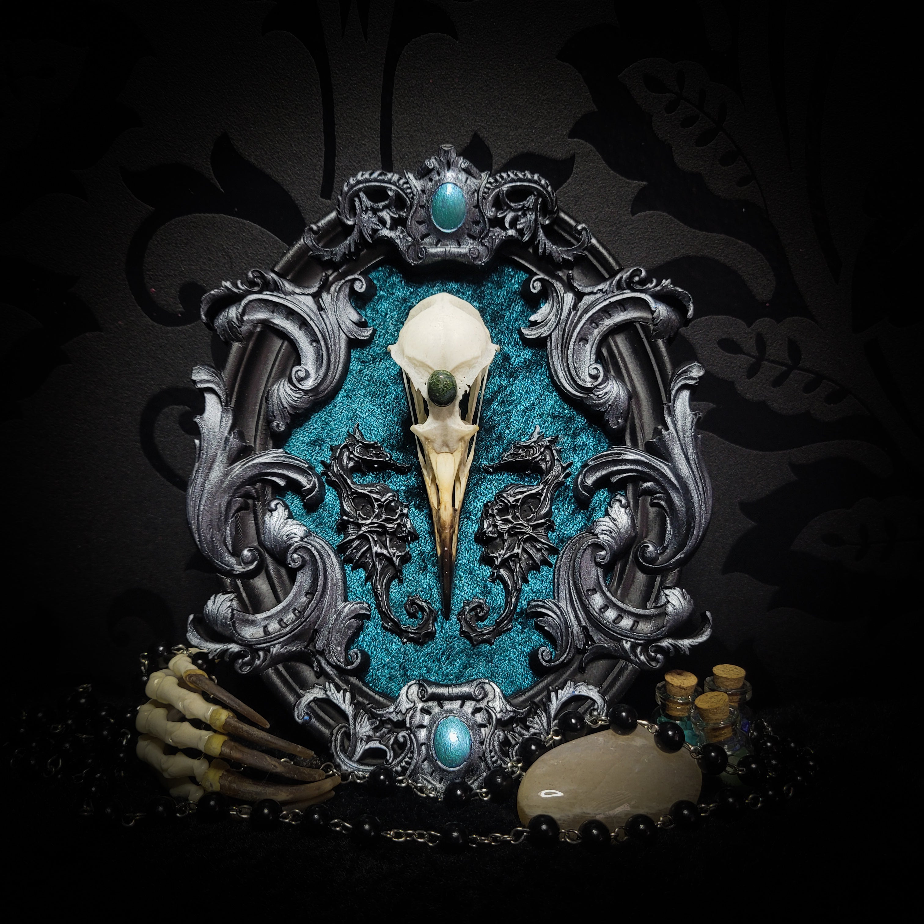 Song of the Sirens | Witches — handmade gothic wall decor with real bird skull, moss agate, sculpted seahorses with skull details on crushed blue-green velvet in hand-cast ornamental frame, 19x15cm