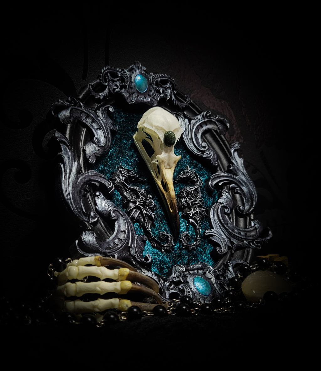 Song of the Sirens | Witches — handmade gothic wall decor with real bird skull, moss agate, sculpted seahorses with skull details on crushed blue-green velvet in hand-cast ornamental frame, 19x15cm