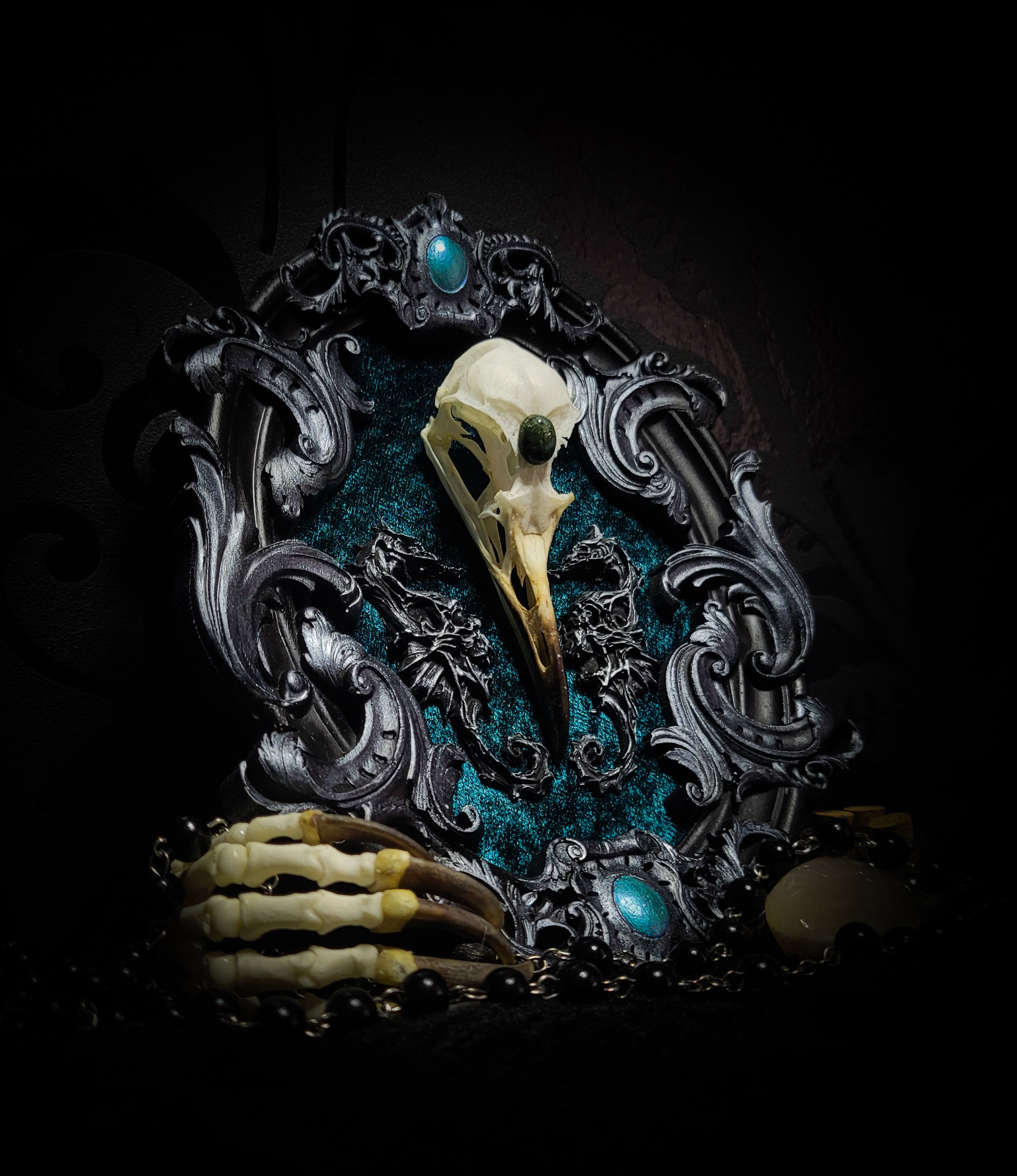 Song of the Sirens | Witches — handmade gothic wall decor with real bird skull, moss agate, sculpted seahorses with skull details on crushed blue-green velvet in hand-cast ornamental frame, 19x15cm