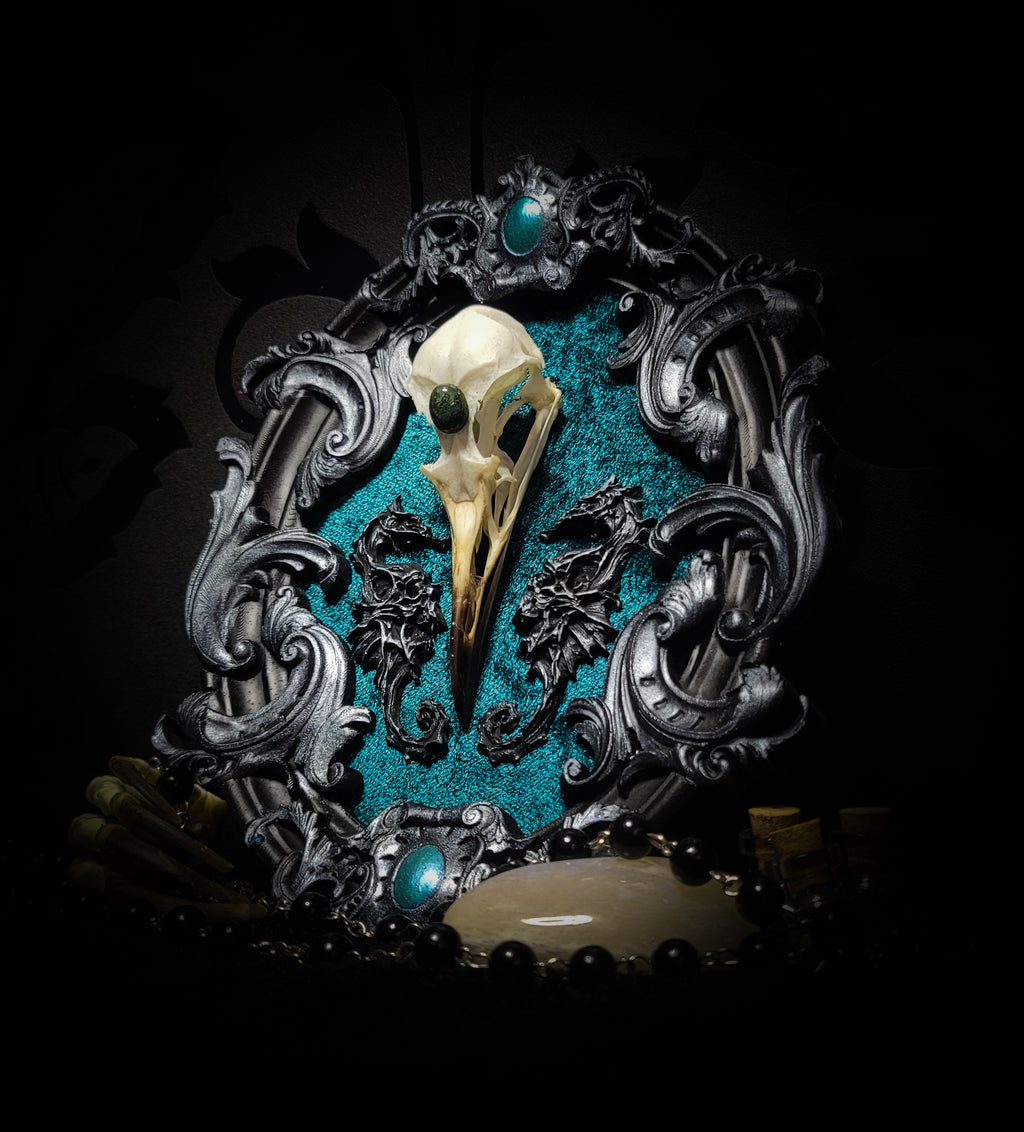 Song of the Sirens | Witches — handmade gothic wall decor with real bird skull, moss agate, sculpted seahorses with skull details on crushed blue-green velvet in hand-cast ornamental frame, 19x15cm
