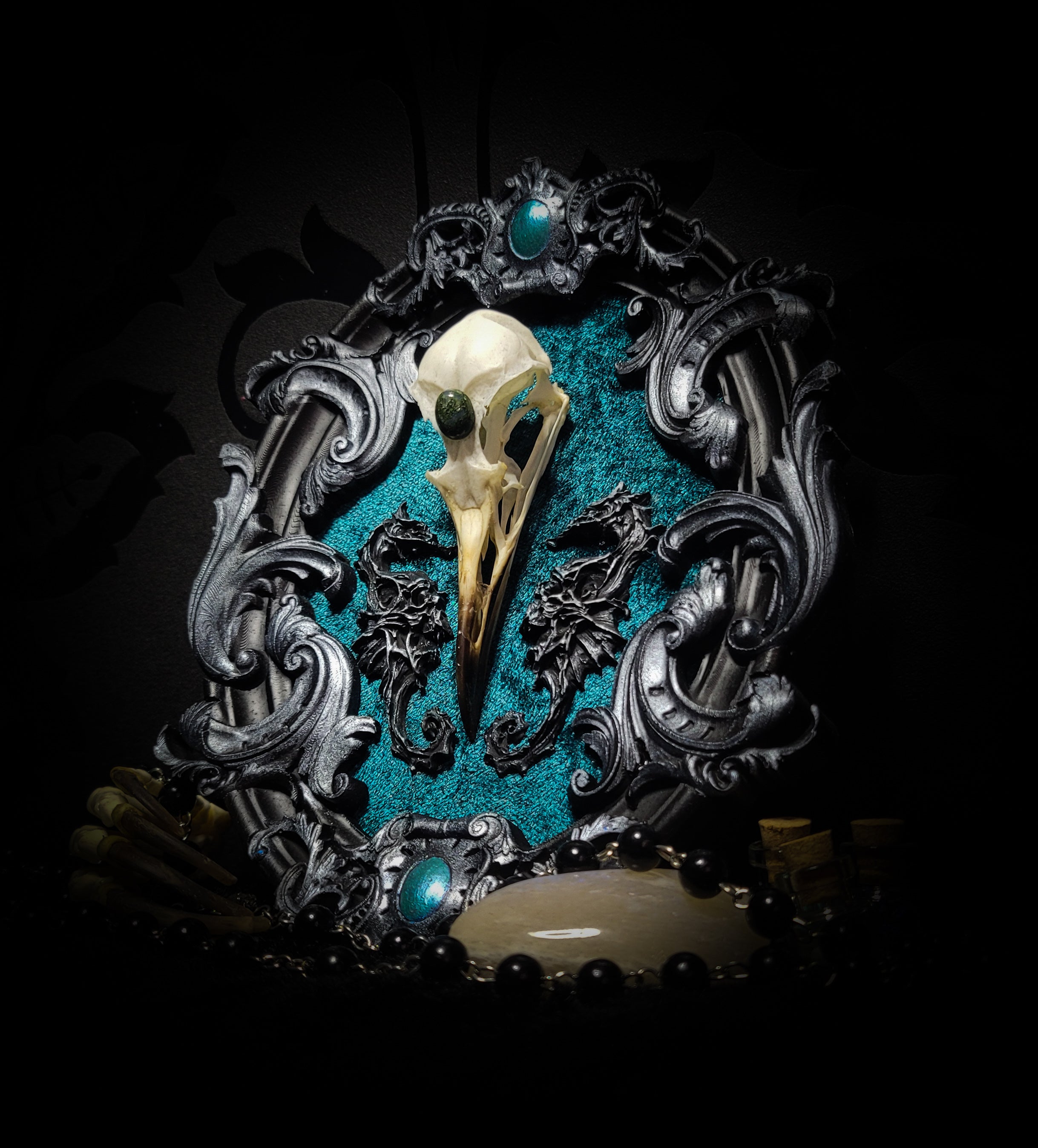 Song of the Sirens | Witches — handmade gothic wall decor with real bird skull, moss agate, sculpted seahorses with skull details on crushed blue-green velvet in hand-cast ornamental frame, 19x15cm