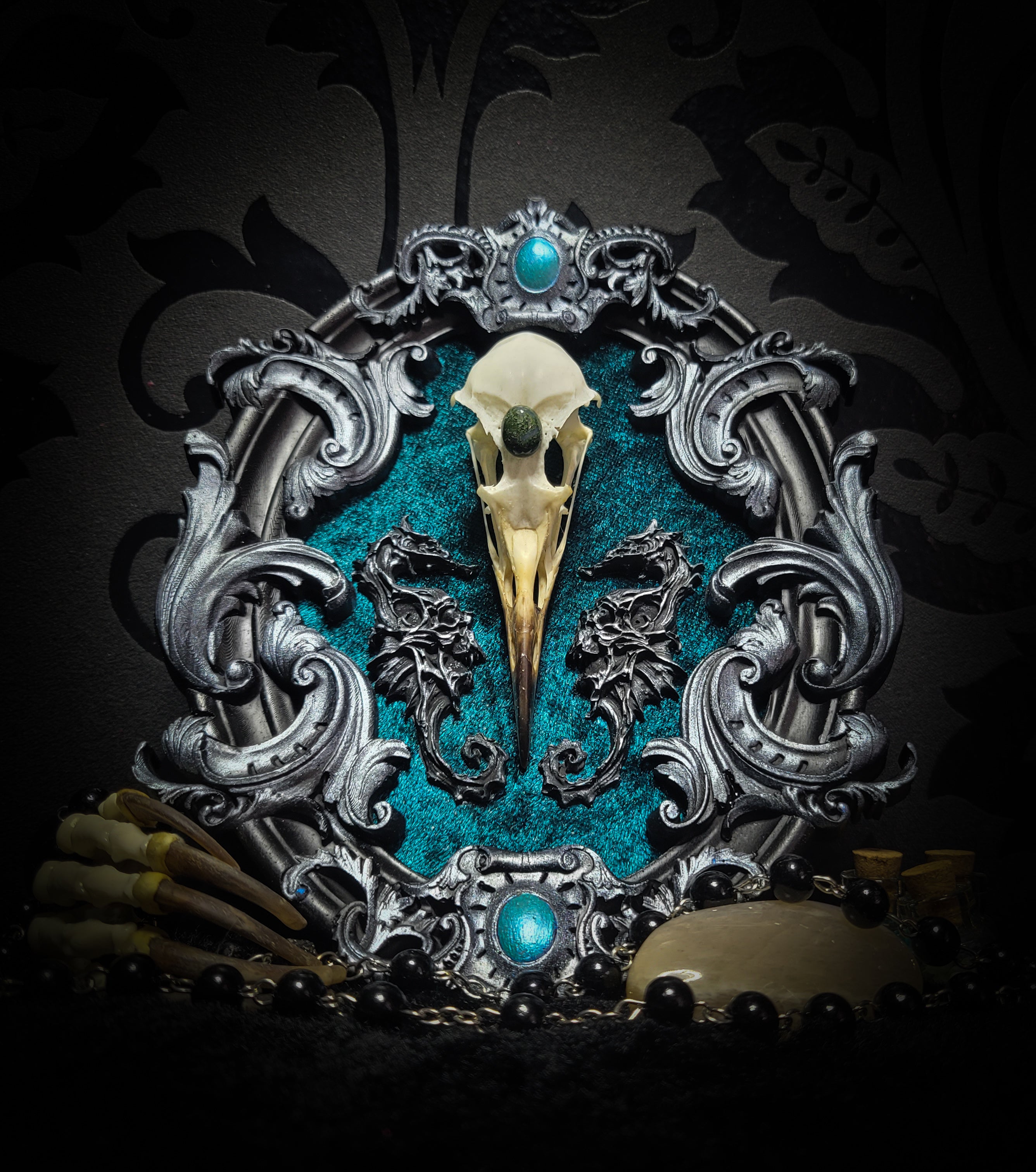 Song of the Sirens | Witches — handmade gothic wall decor with real bird skull, moss agate, sculpted seahorses with skull details on crushed blue-green velvet in hand-cast ornamental frame, 19x15cm