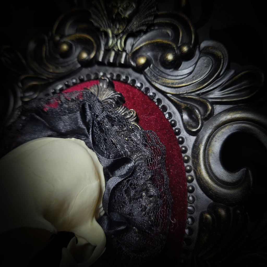 Gothic Kitten | Gothic — handmade gothic wall decor with real cat skull, Ouija planchette and baroque ornamental frame on deep red velvet, dark occult aesthetic, 24x20.5cm
