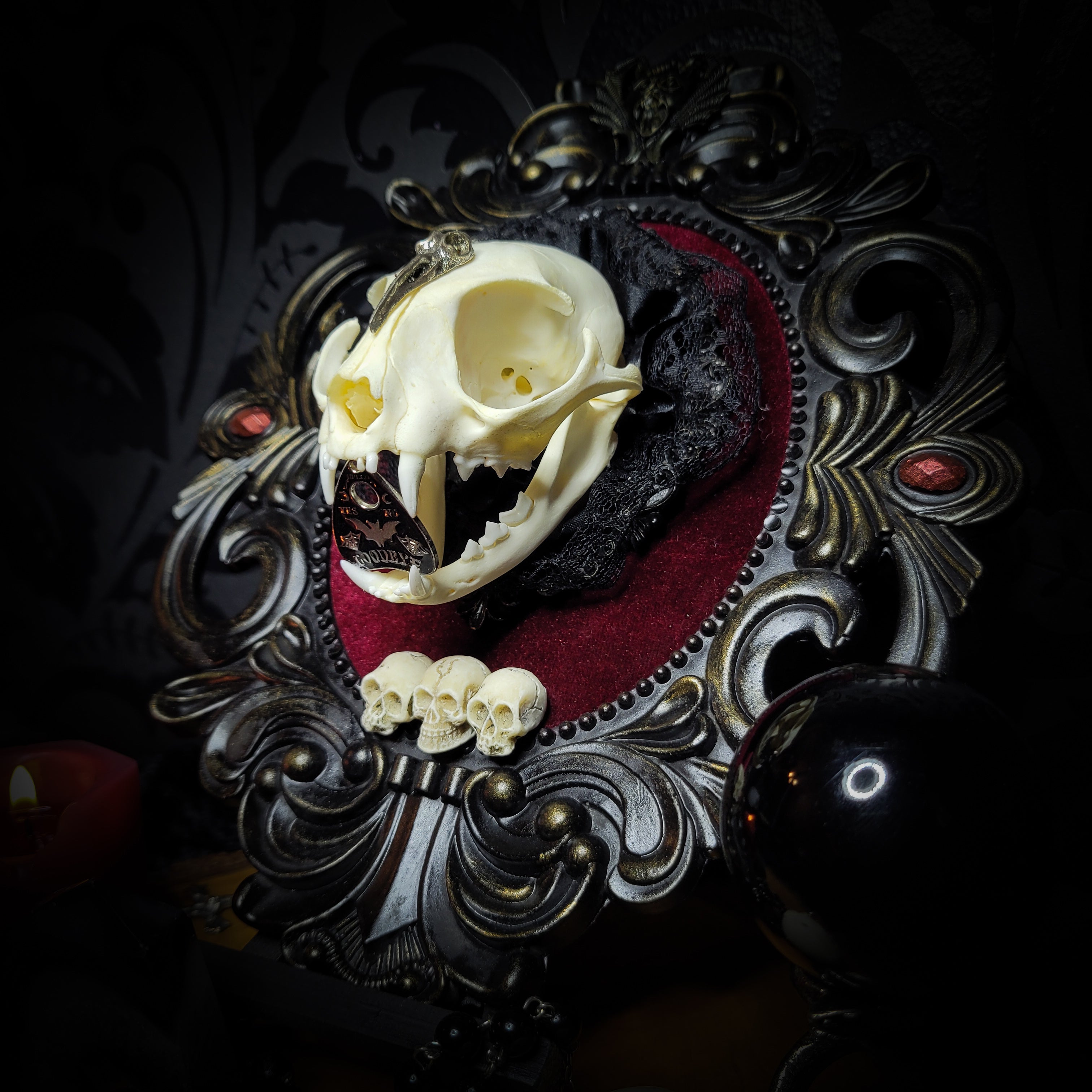 Gothic Kitten | Gothic — handmade gothic wall decor with real cat skull, Ouija planchette and baroque ornamental frame on deep red velvet, dark occult aesthetic, 24x20.5cm