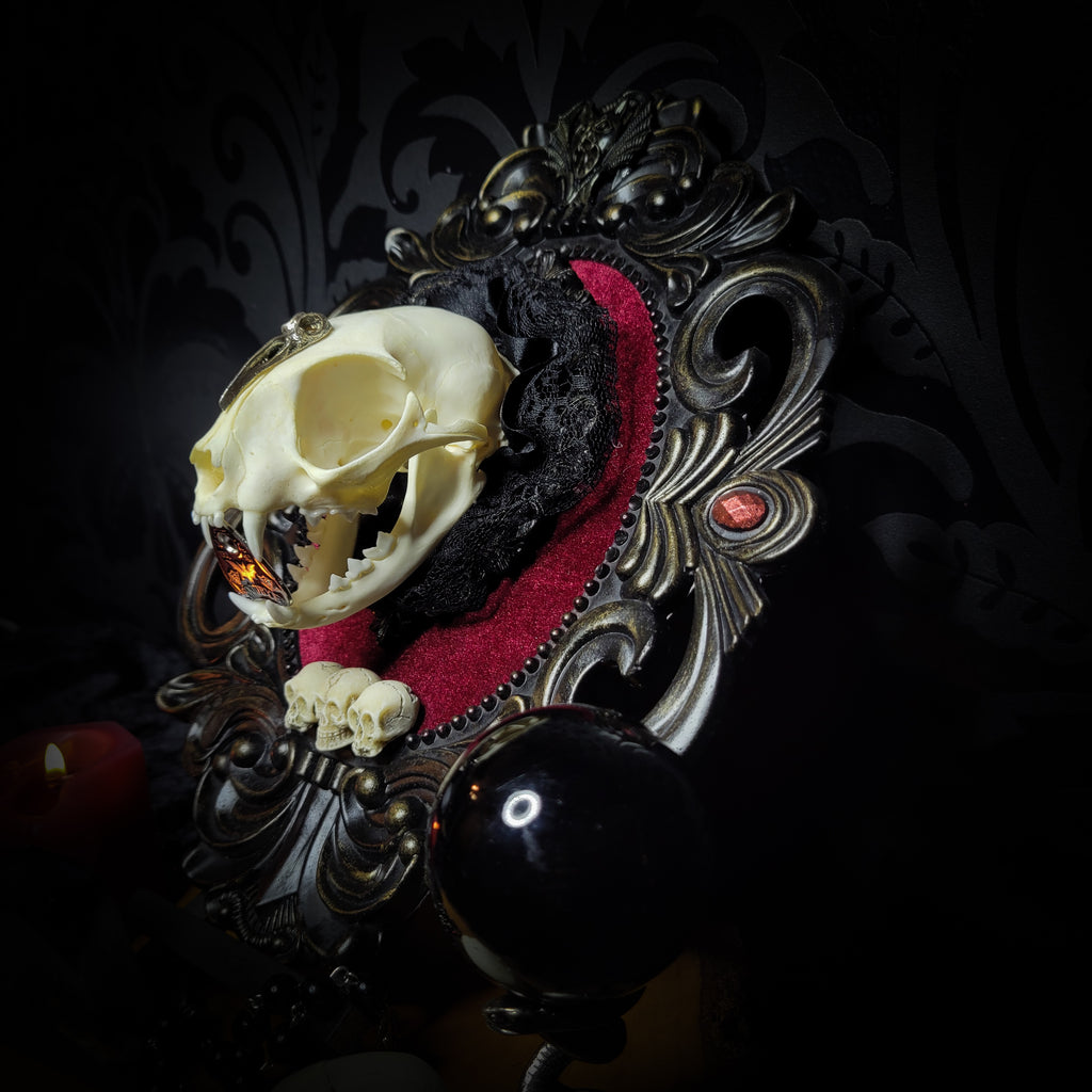 Gothic Kitten | Gothic — handmade gothic wall decor with real cat skull, Ouija planchette and baroque ornamental frame on deep red velvet, dark occult aesthetic, 24x20.5cm