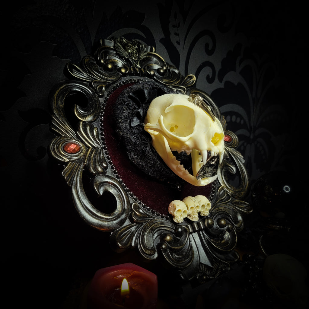Gothic Kitten | Gothic — handmade gothic wall decor with real cat skull, Ouija planchette and baroque ornamental frame on deep red velvet, dark occult aesthetic, 24x20.5cm