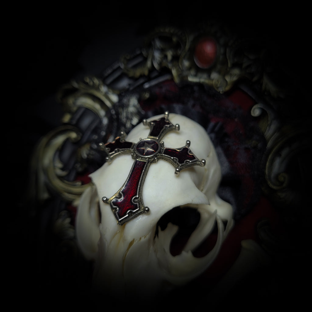 Decorative skull with a cross and red gemstone on a dark background Baroque Kitten – real cat skull on red velvet in hand-cast baroque frame, gothic vampire wall decor