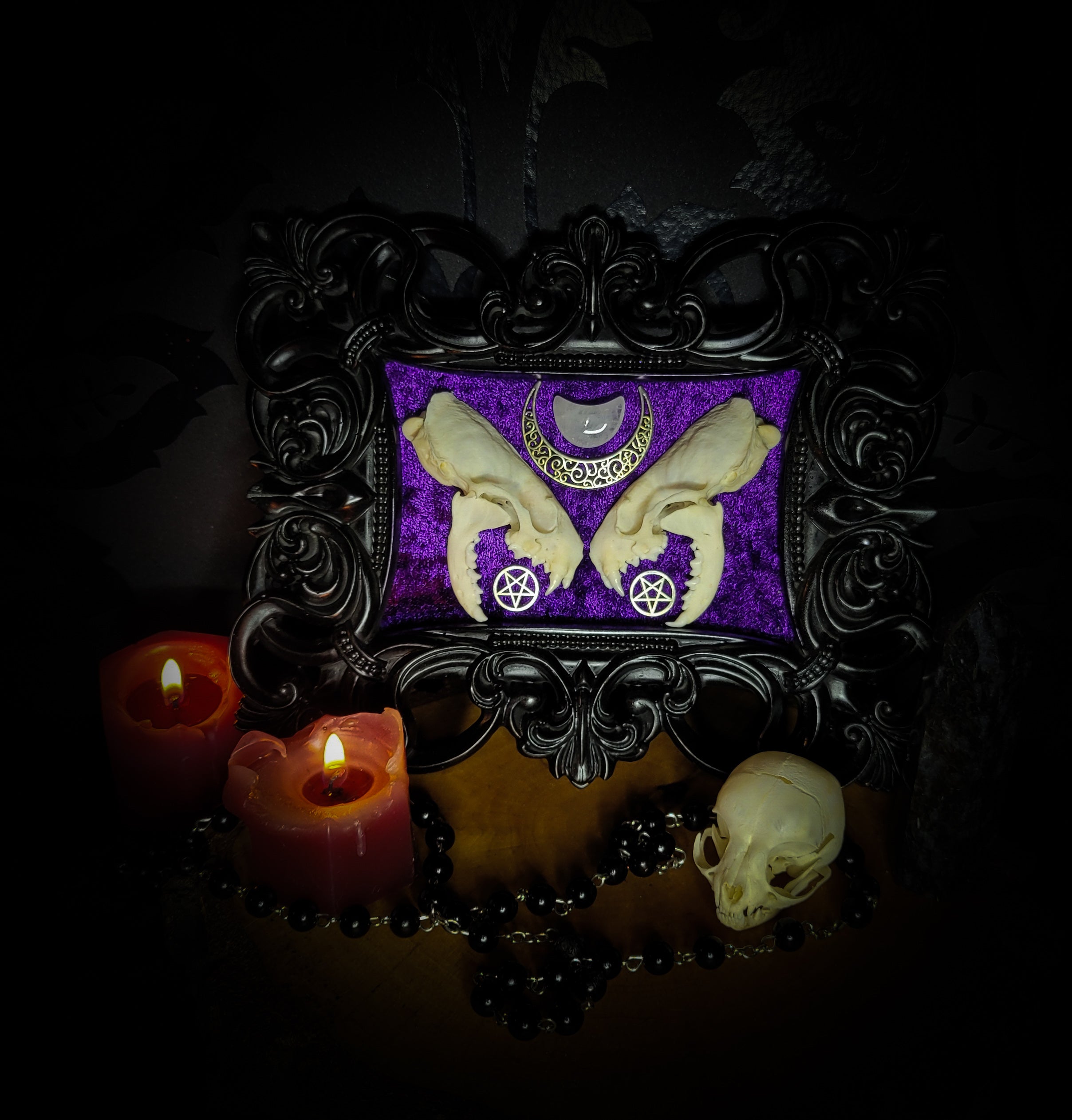 Lunaris Divination | Gothic — handmade gothic wall decor with real mink skull halved symmetrically, crystal quartz crescent moon, pentacle charms on deep purple velvet in ornate black baroque frame, 20x16cm