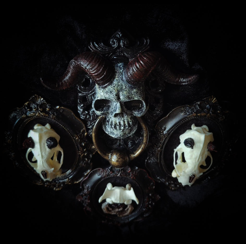 handmade gothic triptych with real mink skulls sculpted horns devil mask black velvet dark occult wall decor