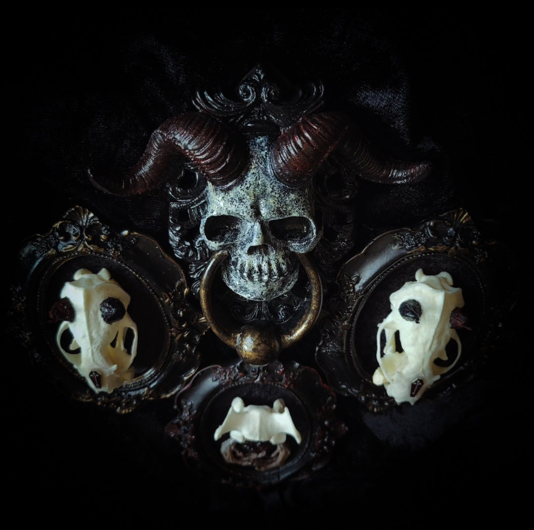 handmade gothic triptych with real mink skulls sculpted horns devil mask black velvet dark occult wall decor