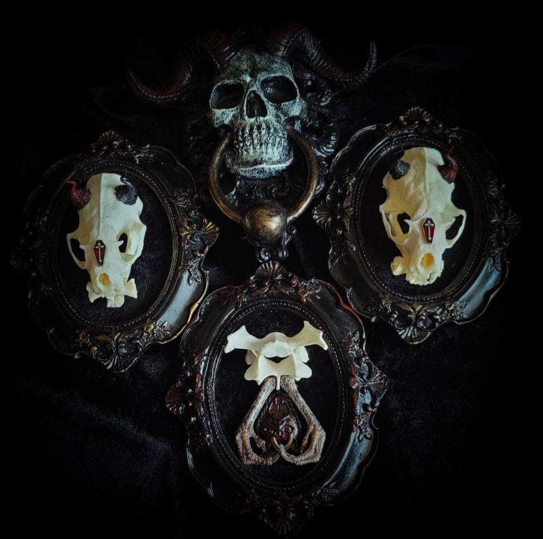 handmade gothic triptych with real mink skulls sculpted horns devil mask black velvet dark occult wall decor