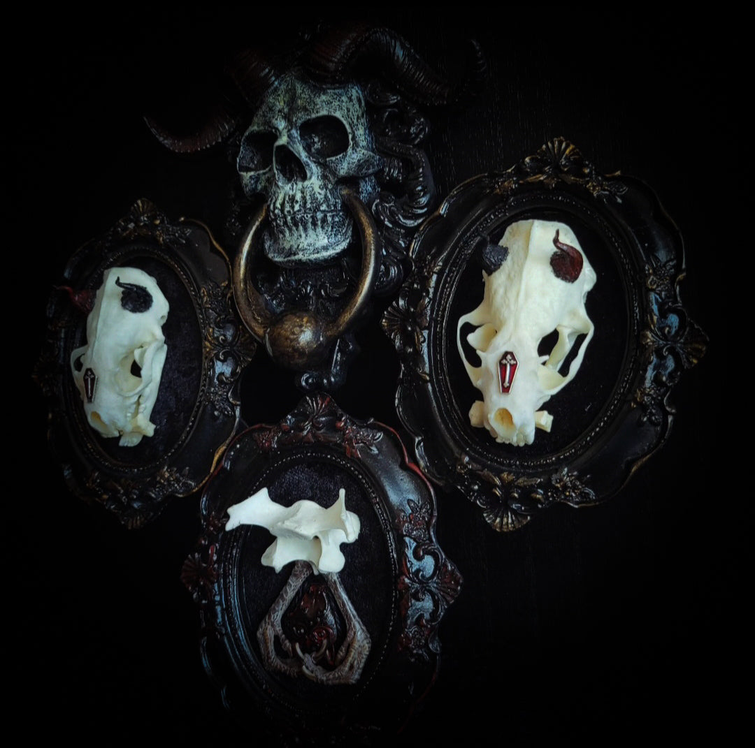 handmade gothic triptych with real mink skulls sculpted horns devil mask black velvet dark occult wall decor