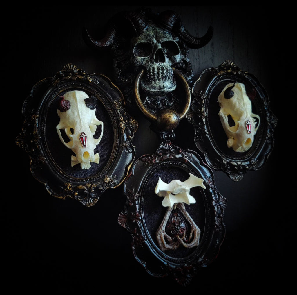 handmade gothic triptych with real mink skulls sculpted horns devil mask black velvet dark occult wall decor
