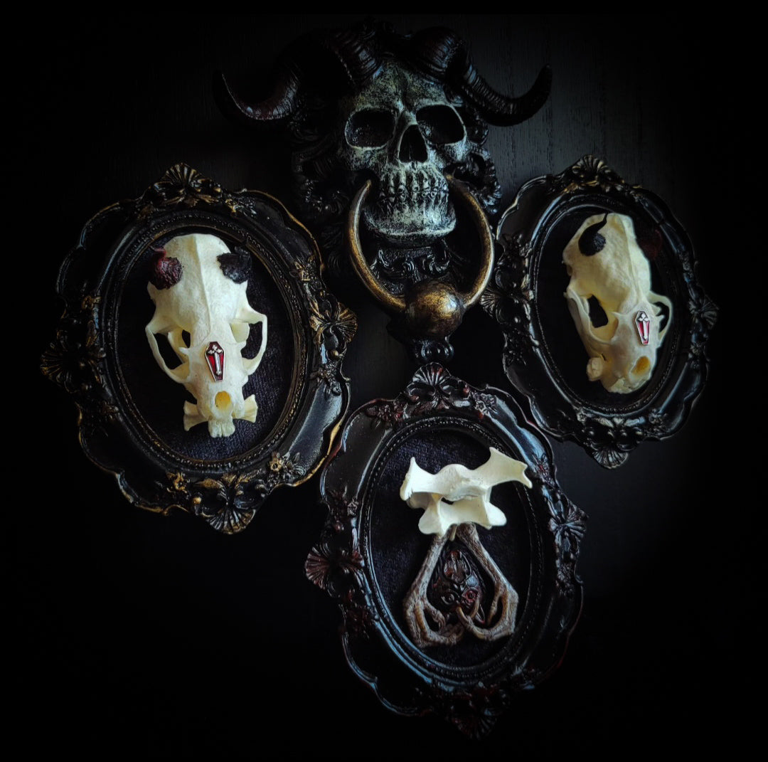 handmade gothic triptych with real mink skulls sculpted horns devil mask black velvet dark occult wall decor