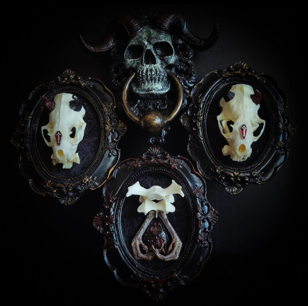handmade gothic triptych with real mink skulls sculpted horns devil mask black velvet dark occult wall decor