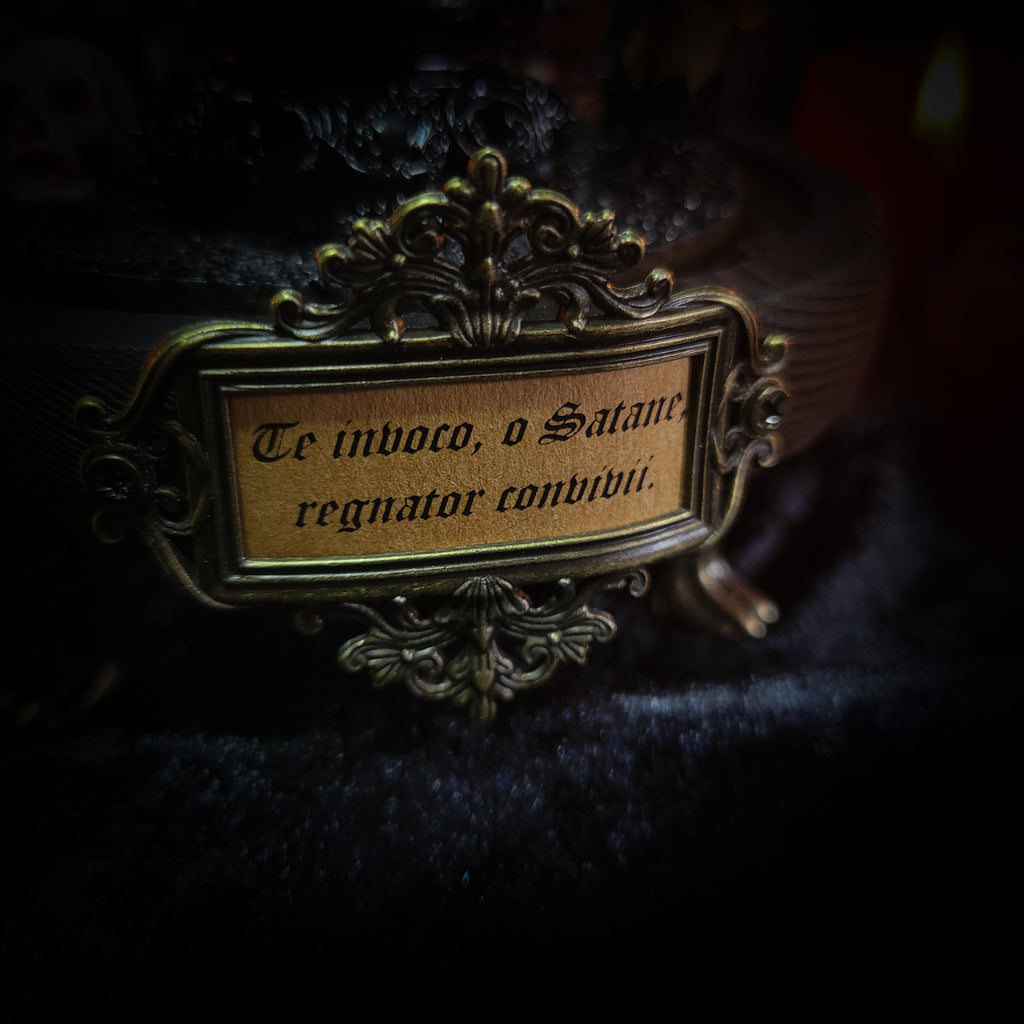 Forbidden Ritual | Occult — handmade gothic decor with real bone elements, sculpted occult priest composition, sigils and Latin inscription plaque, aged and textured finish, 15x17cm