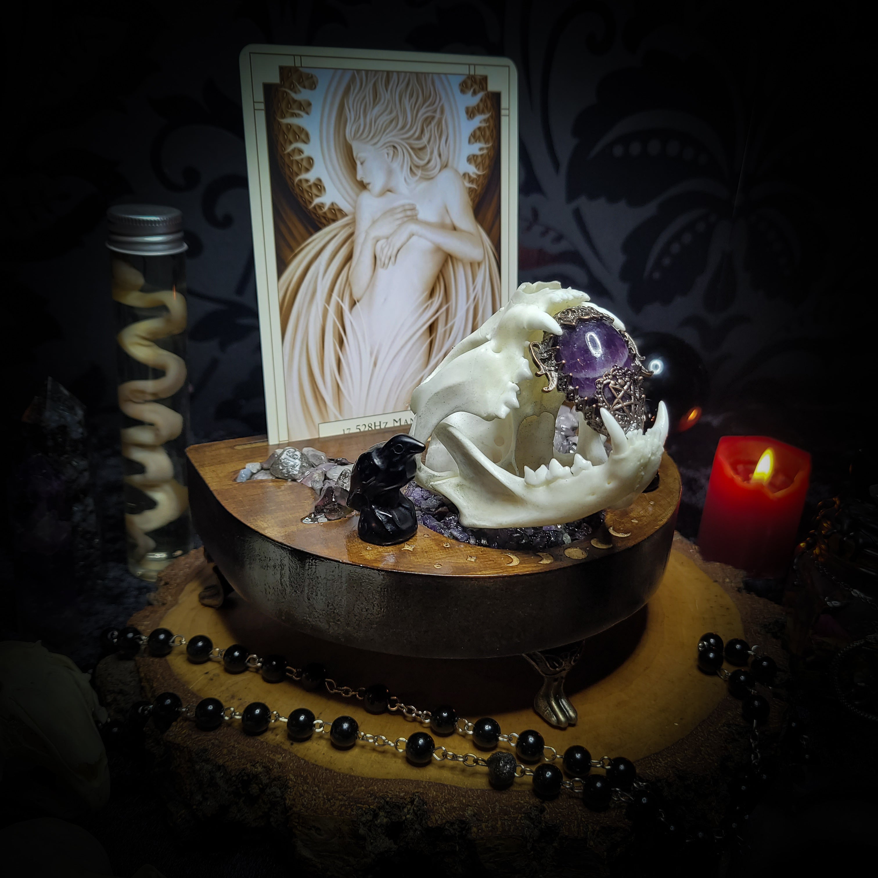 Arcanum | Witches — handmade gothic tarot card holder with real cat skull, amethyst pendulum, labradorite crow figurines and moon phase detailing on wooden base, dark witchy altar piece, 15x12x13cm