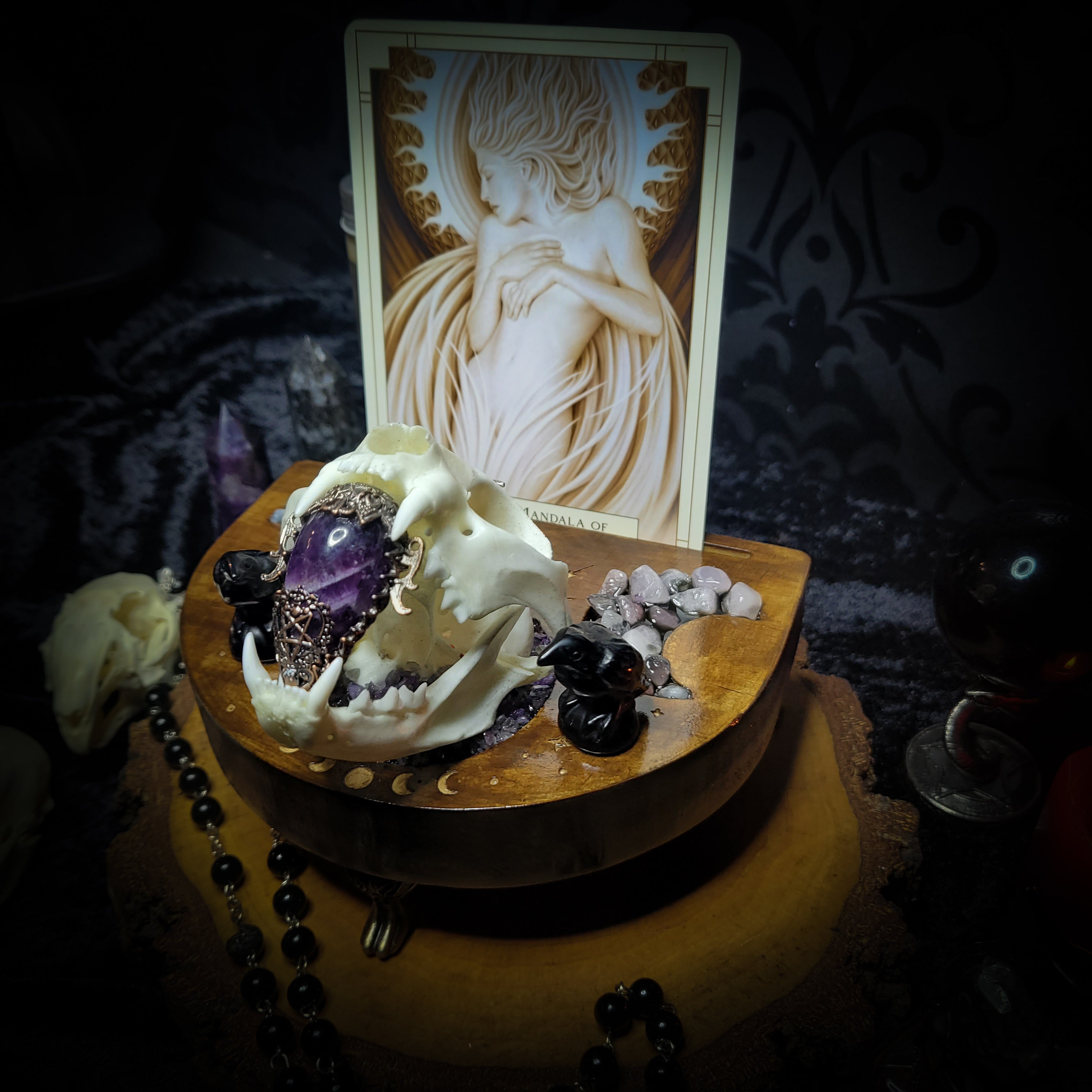 Arcanum | Witches — handmade gothic tarot card holder with real cat skull, amethyst pendulum, labradorite crow figurines and moon phase detailing on wooden base, dark witchy altar piece, 15x12x13cm