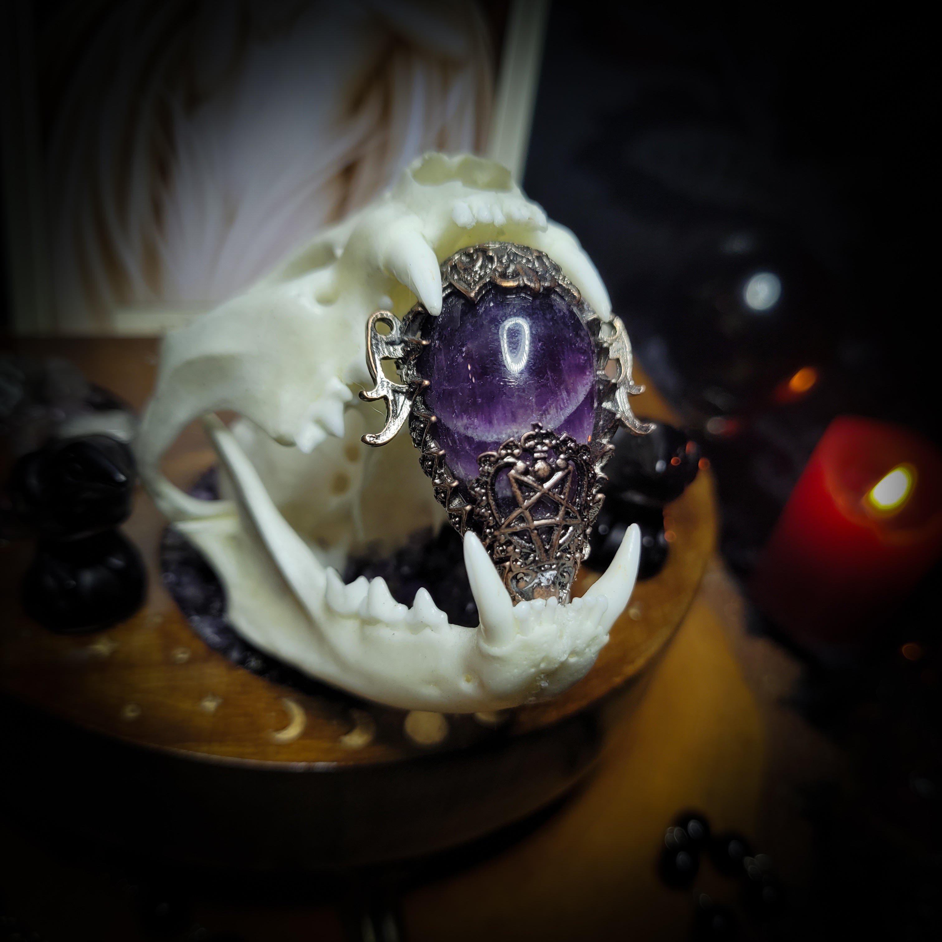 Arcanum | Witches — handmade gothic tarot card holder with real cat skull, amethyst pendulum, labradorite crow figurines and moon phase detailing on wooden base, dark witchy altar piece, 15x12x13cm