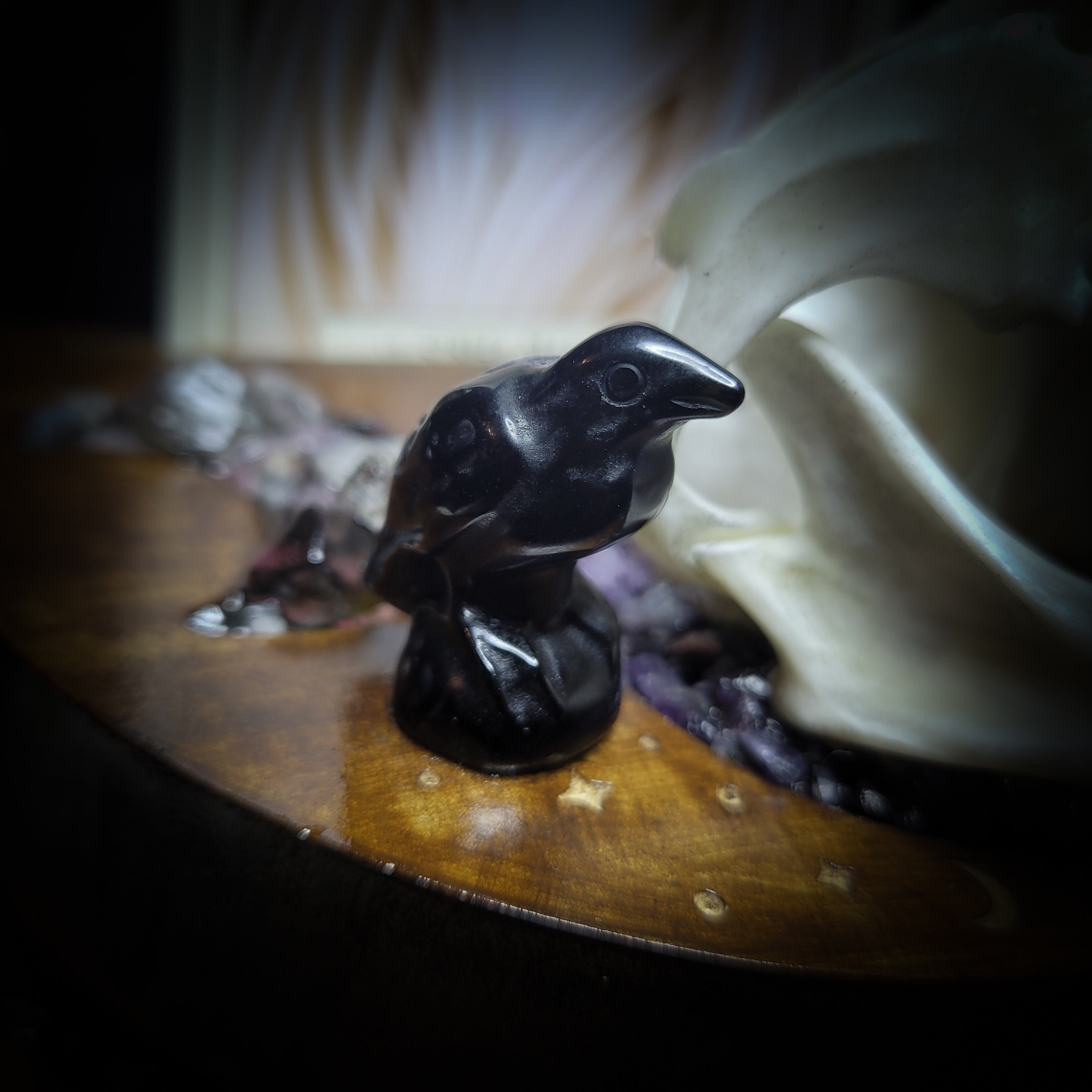 Arcanum | Witches — handmade gothic tarot card holder with real cat skull, amethyst pendulum, labradorite crow figurines and moon phase detailing on wooden base, dark witchy altar piece, 15x12x13cm