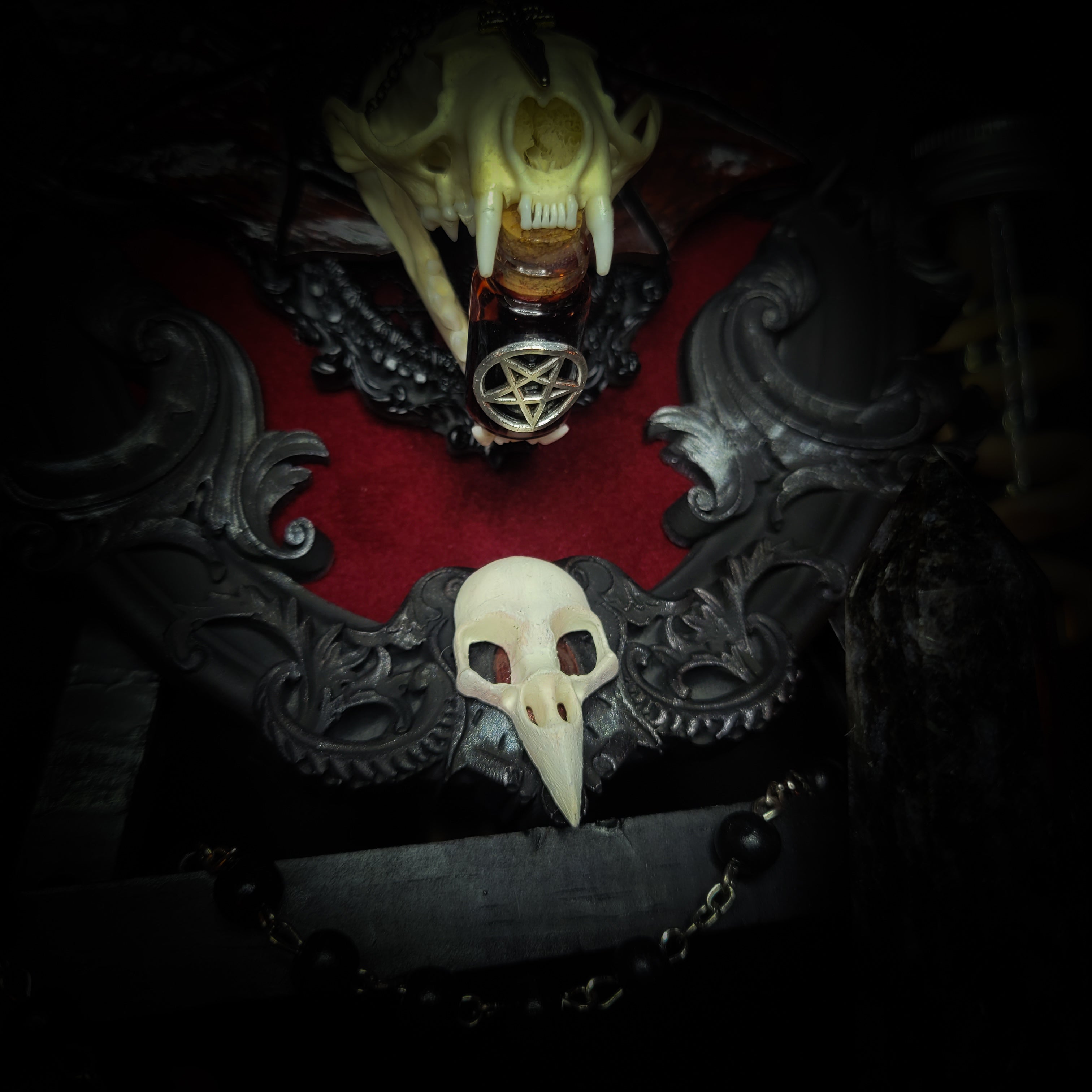 gothic vampire skull wall decor gothic shadowbox with real mink skull hand-cast wings red velvet and chains — handmade dark wall decor