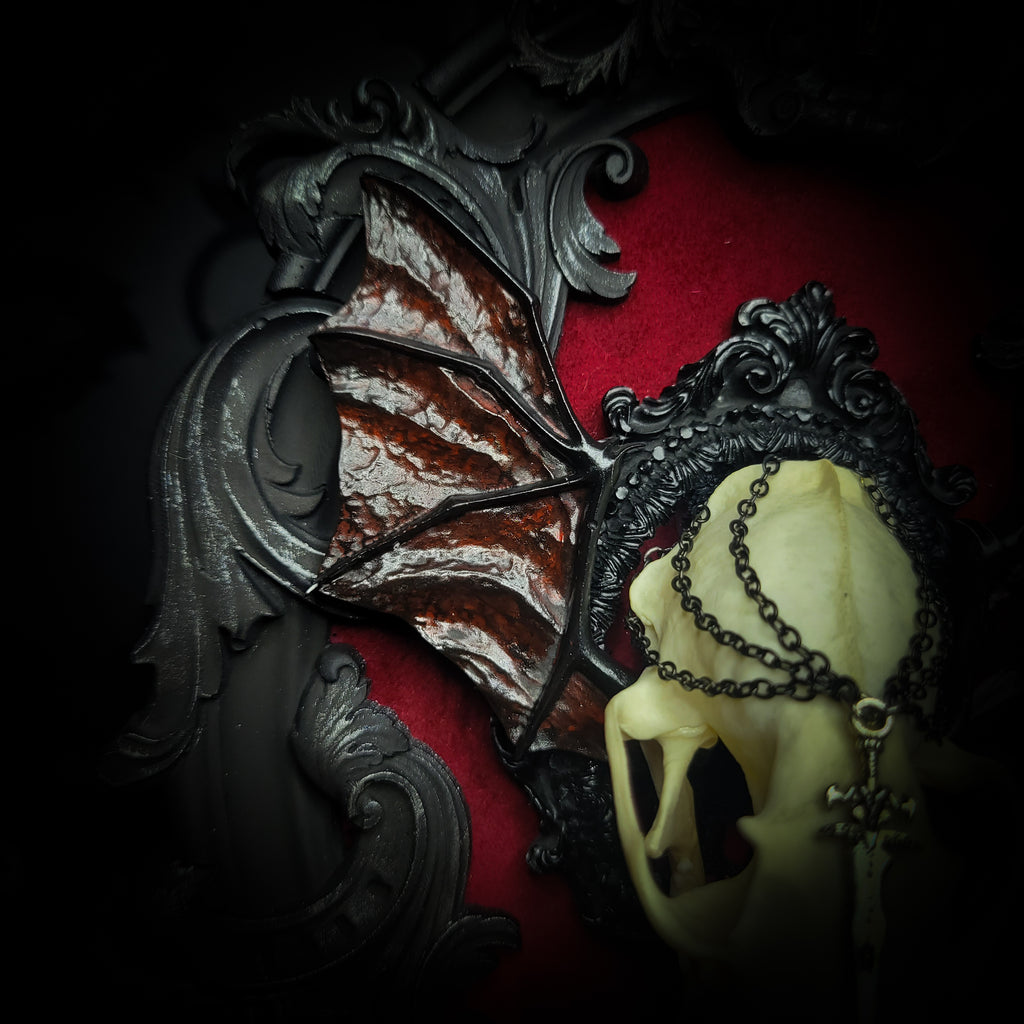 gothic vampire skull wall decor gothic shadowbox with real mink skull hand-cast wings red velvet and chains — handmade dark wall decor