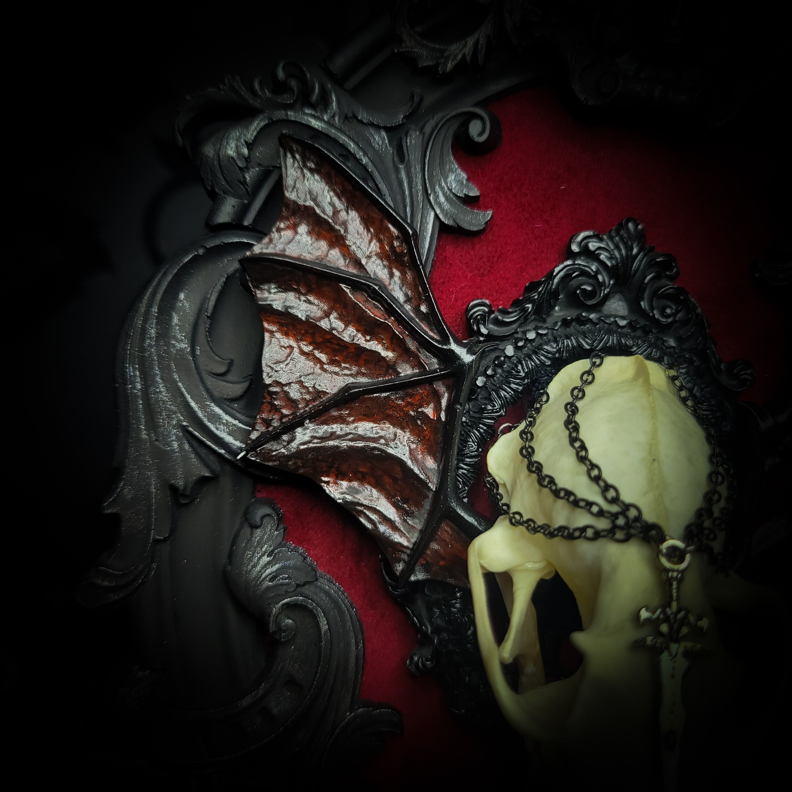 gothic vampire skull wall decor gothic shadowbox with real mink skull hand-cast wings red velvet and chains — handmade dark wall decor