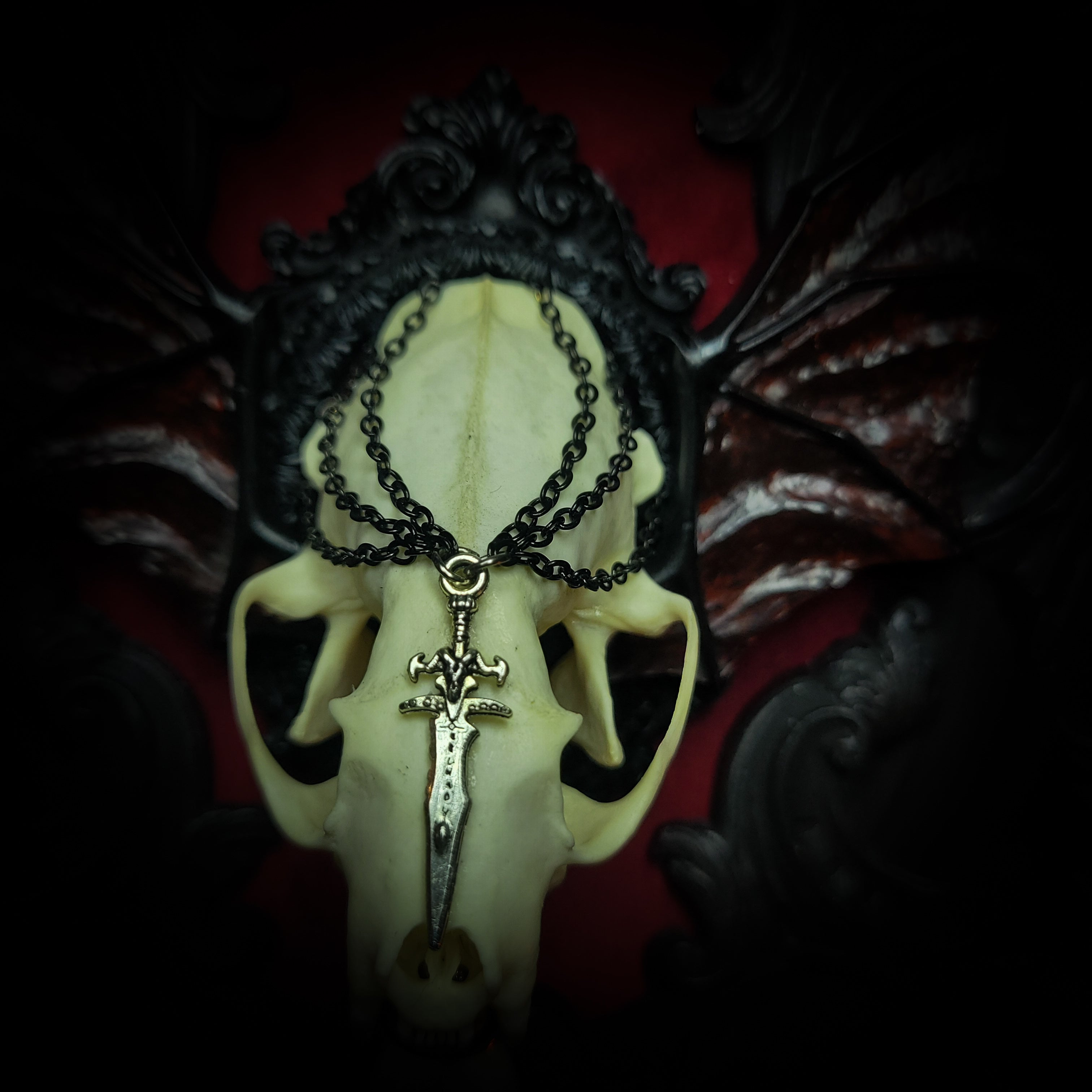 gothic vampire skull wall decor gothic shadowbox with real mink skull hand-cast wings red velvet and chains — handmade dark wall decor