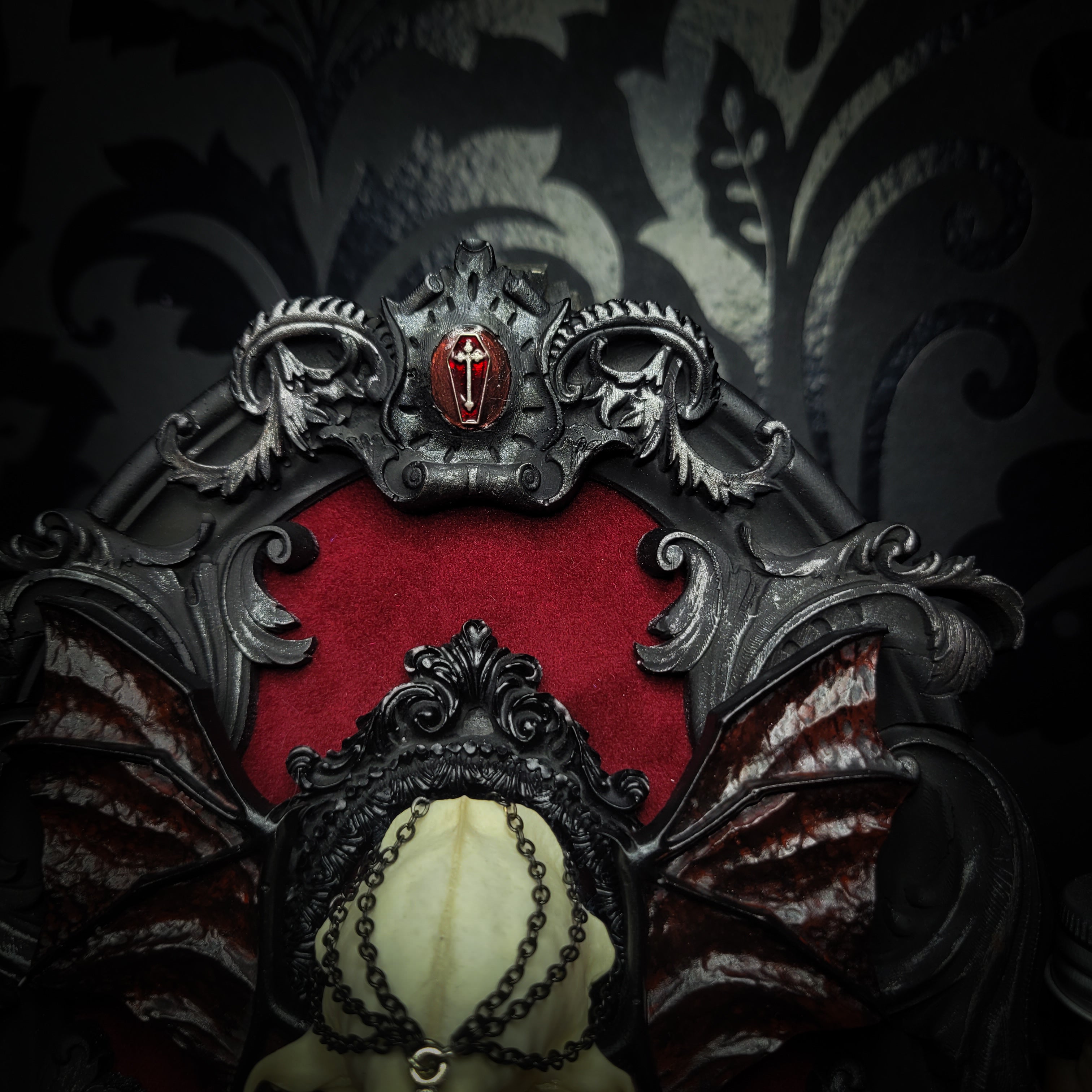 gothic vampire skull wall decor gothic shadowbox with real mink skull hand-cast wings red velvet and chains — handmade dark wall decor