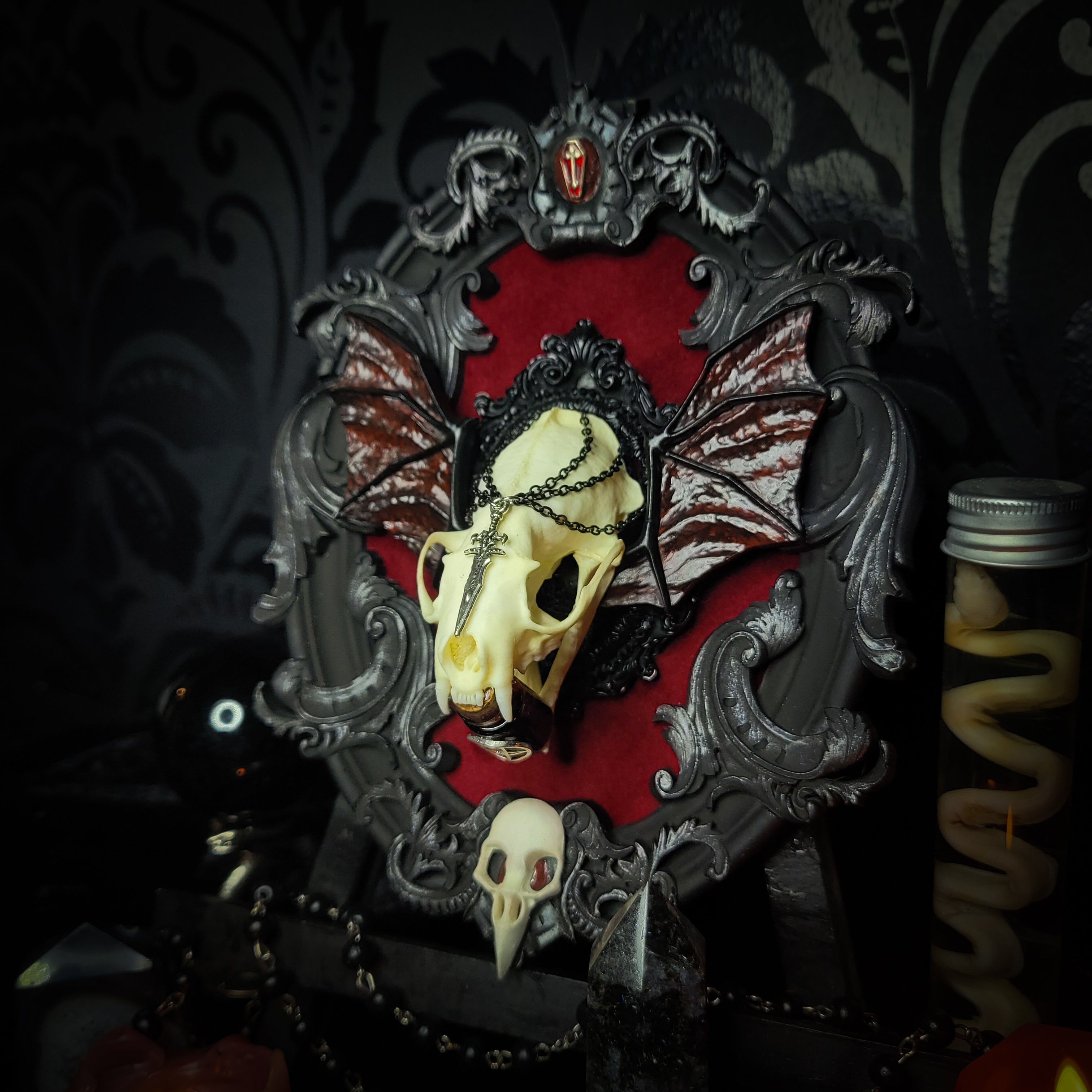 gothic vampire skull wall decor gothic shadowbox with real mink skull hand-cast wings red velvet and chains — handmade dark wall decor