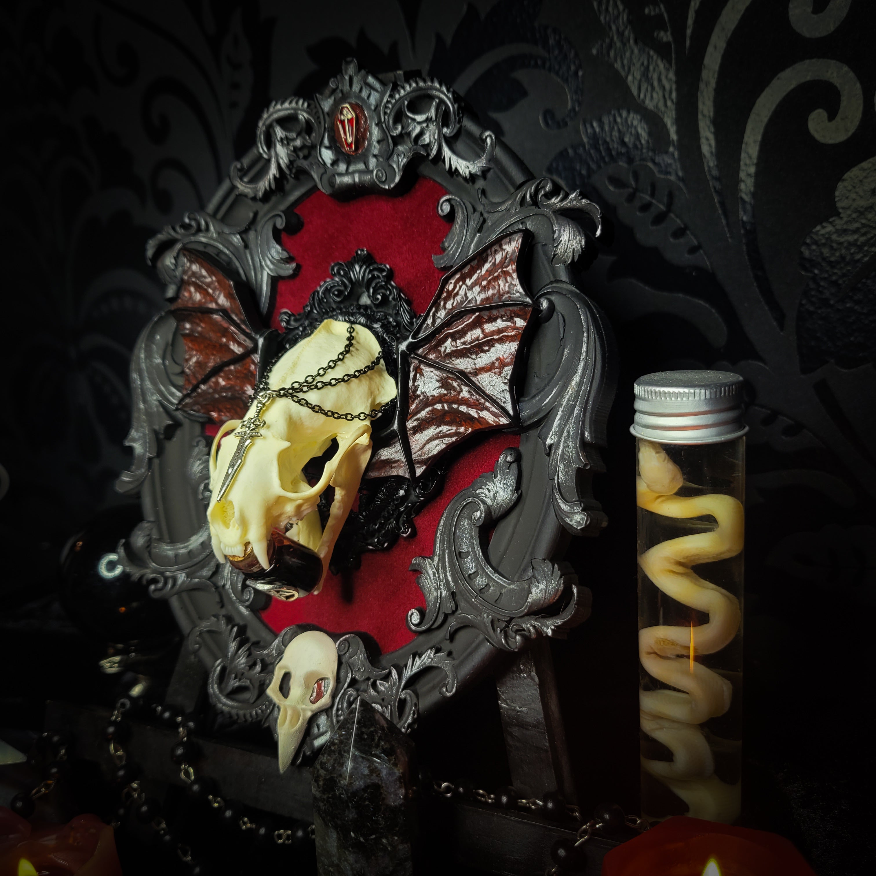 gothic vampire skull wall decor gothic shadowbox with real mink skull hand-cast wings red velvet and chains — handmade dark wall decor