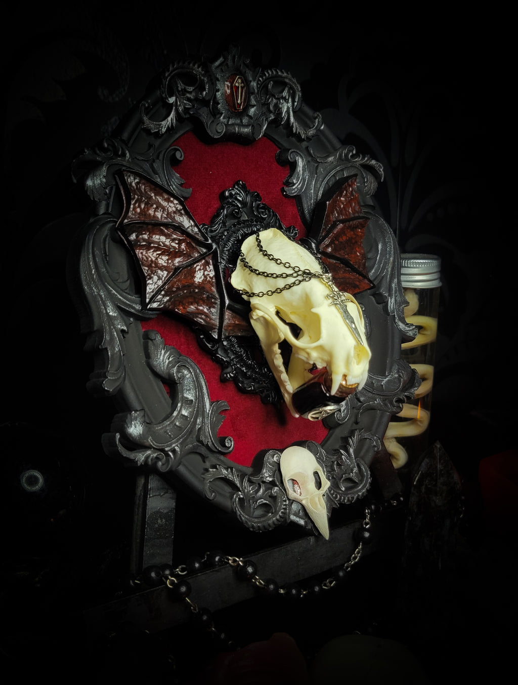 gothic vampire skull wall decor gothic shadowbox with real mink skull hand-cast wings red velvet and chains — handmade dark wall decor
