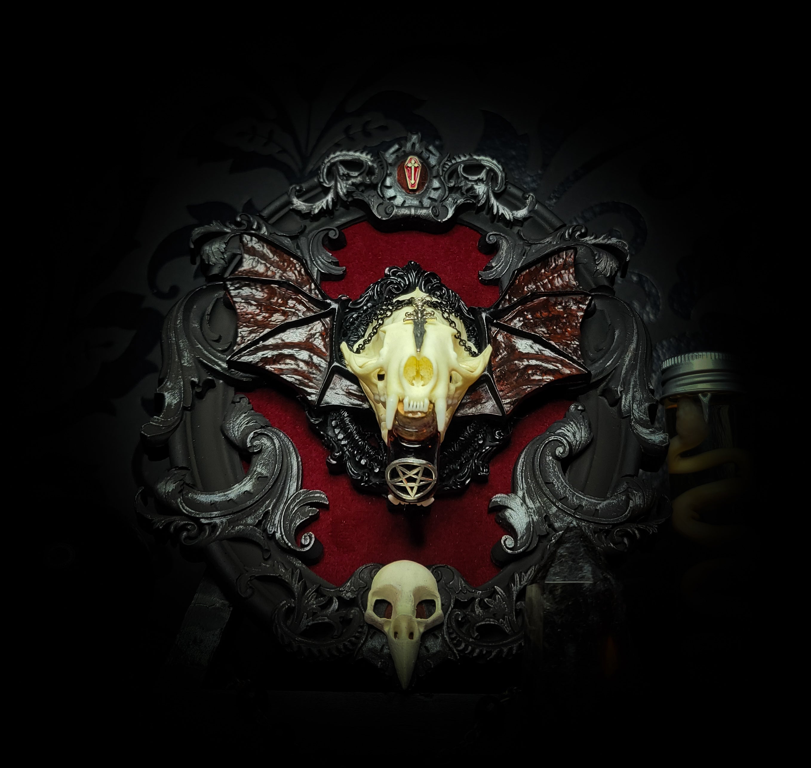 gothic vampire skull wall decor gothic shadowbox with real mink skull hand-cast wings red velvet and chains — handmade dark wall decor