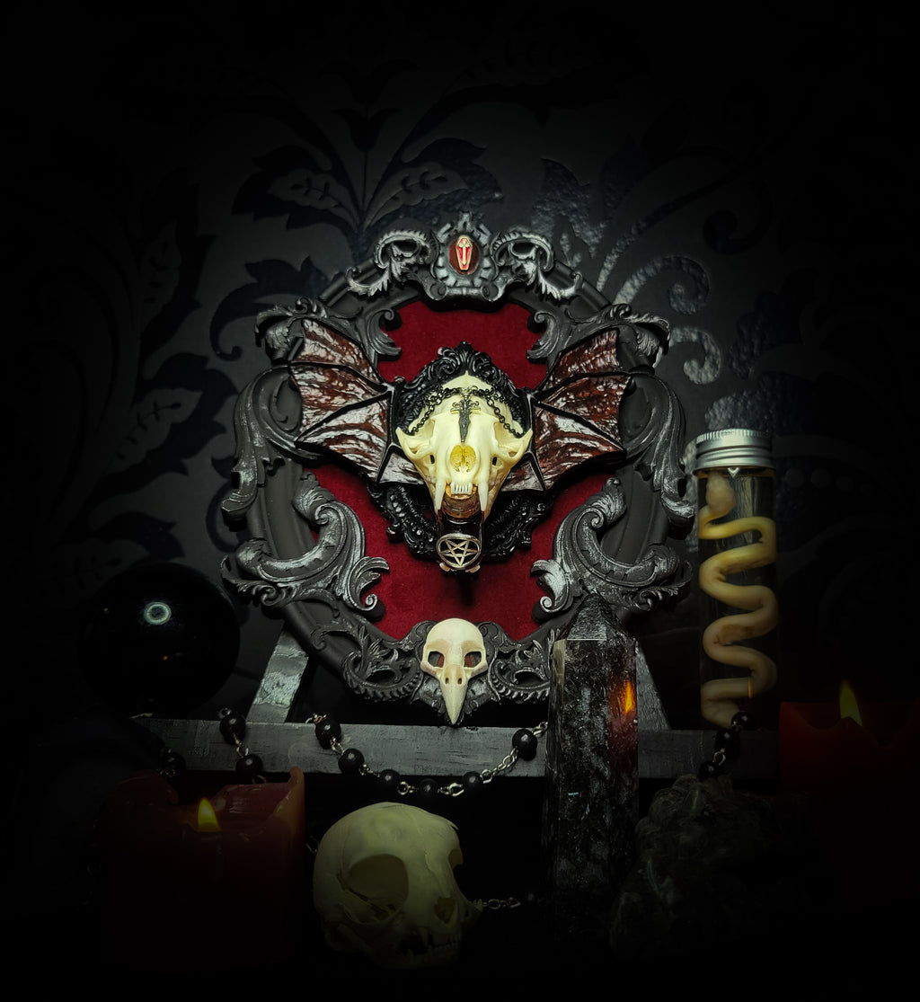 gothic vampire skull wall decor gothic shadowbox with real mink skull hand-cast wings red velvet and chains — handmade dark wall decor