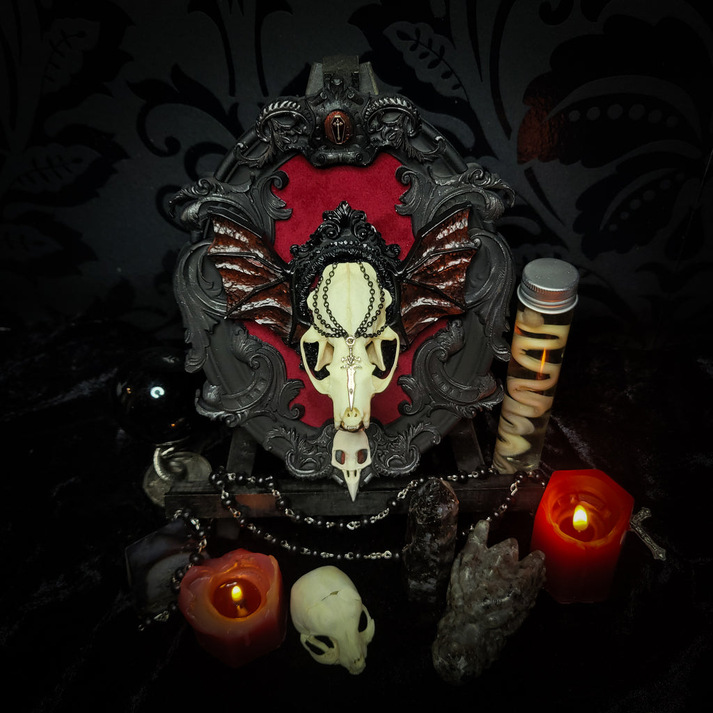 gothic vampire skull wall decor gothic shadowbox with real mink skull hand-cast wings red velvet and chains — handmade dark wall decor
