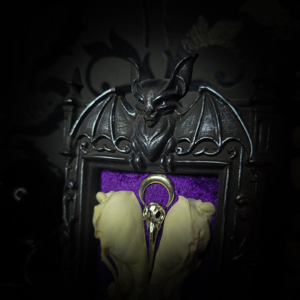 Nocrta | Gothic — handmade gothic wall decor with real mink skull mirrored composition, bat ornament, crescent moon and twin pentacles on deep purple velvet, 16x11cm