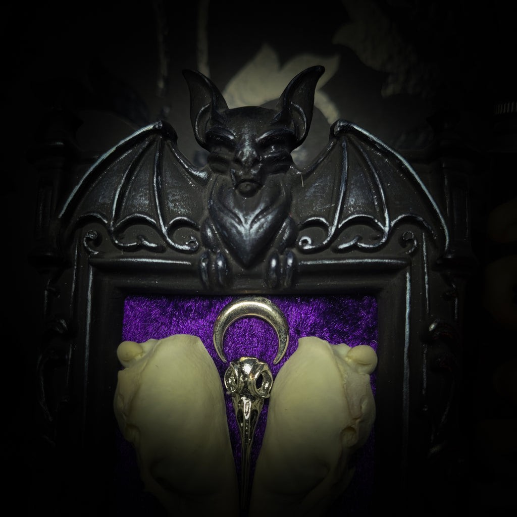 Nocrta | Gothic — handmade gothic wall decor with real mink skull mirrored composition, bat ornament, crescent moon and twin pentacles on deep purple velvet, 16x11cm