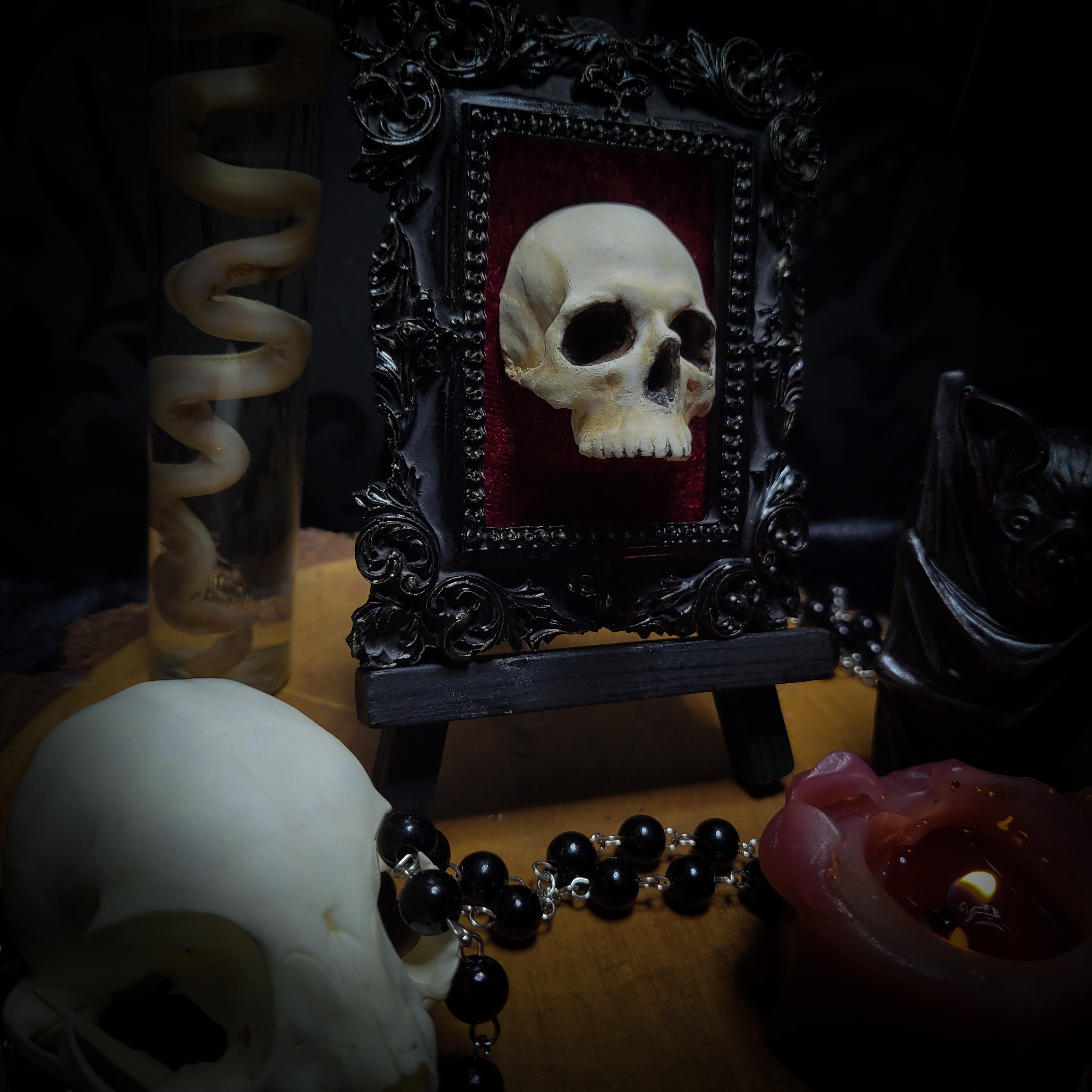 Memento parvum — handmade gothic skull shadowbox, baroque ornate frame, red velvet, dark altar decor, made to order, Morbid Oddities
