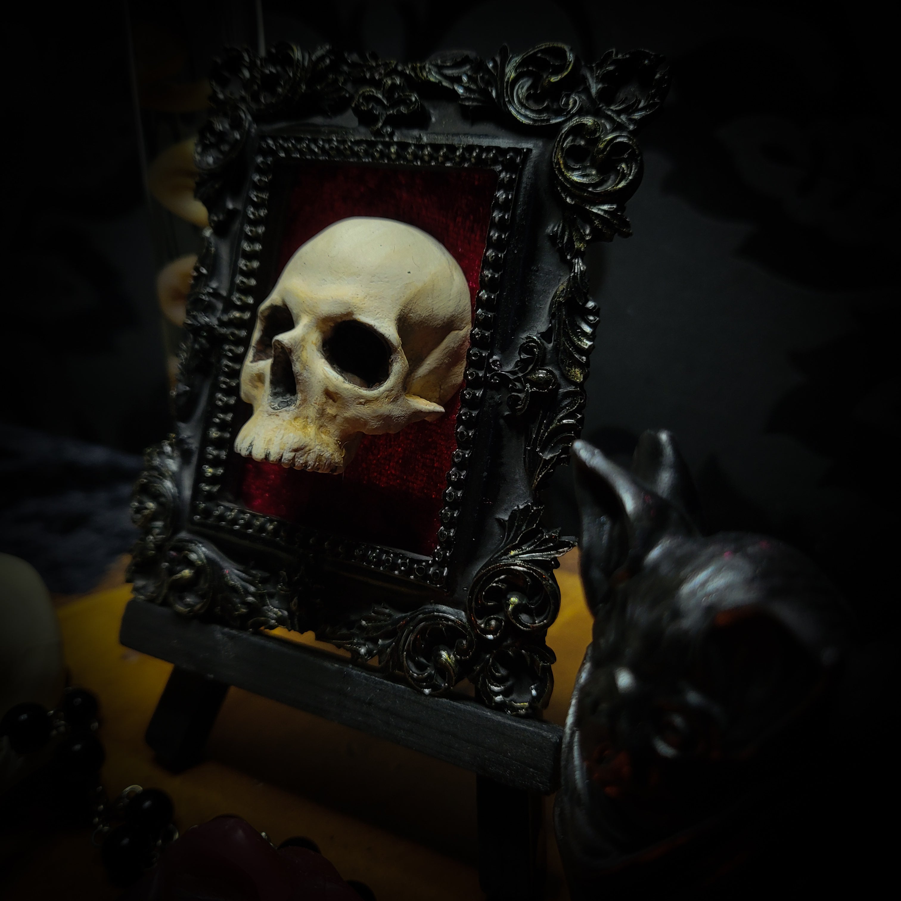 Memento parvum — handmade gothic skull shadowbox, baroque ornate frame, red velvet, dark altar decor, made to order, Morbid Oddities
