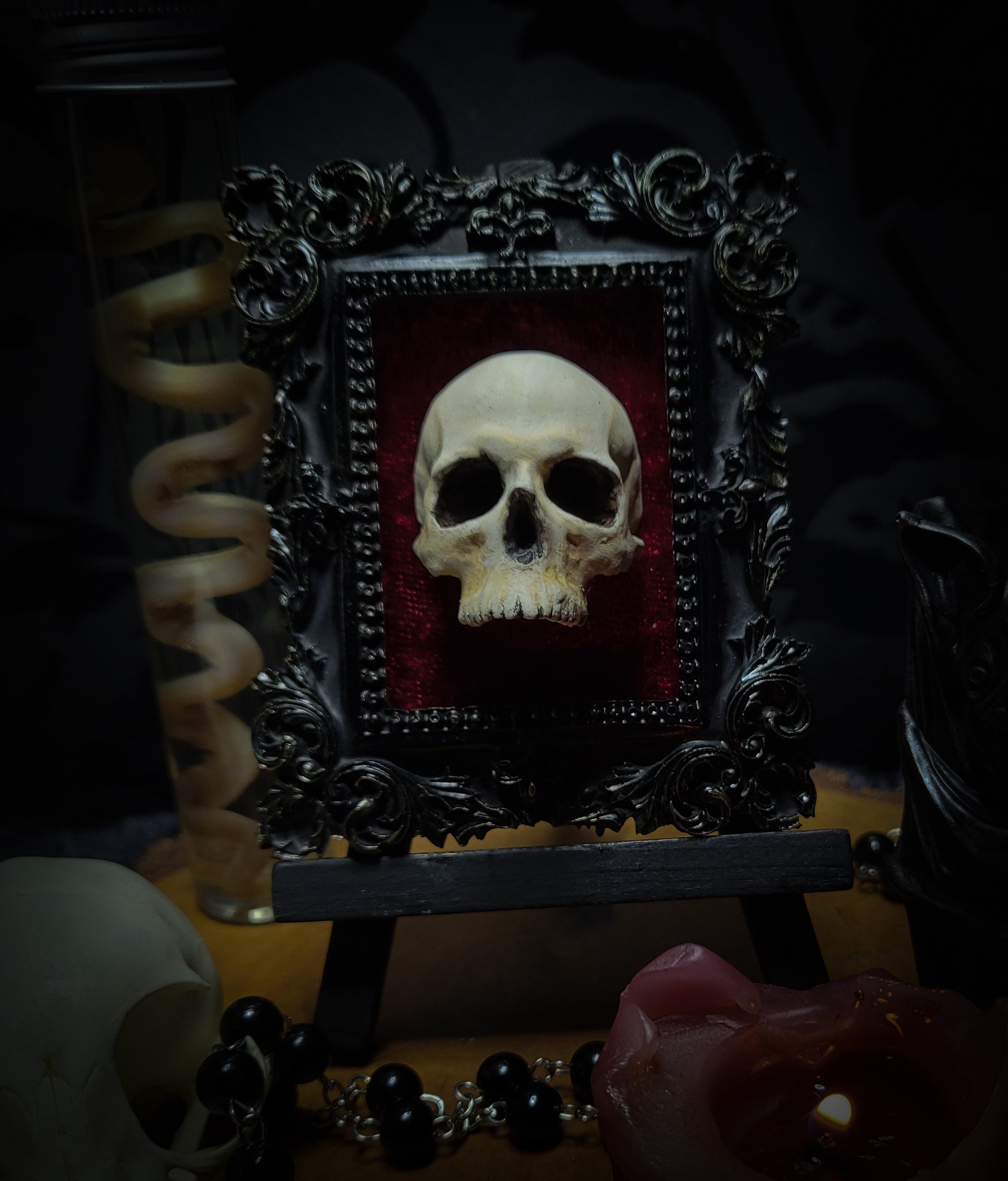 Memento parvum — handmade gothic skull shadowbox, baroque ornate frame, red velvet, dark altar decor, made to order, Morbid Oddities
