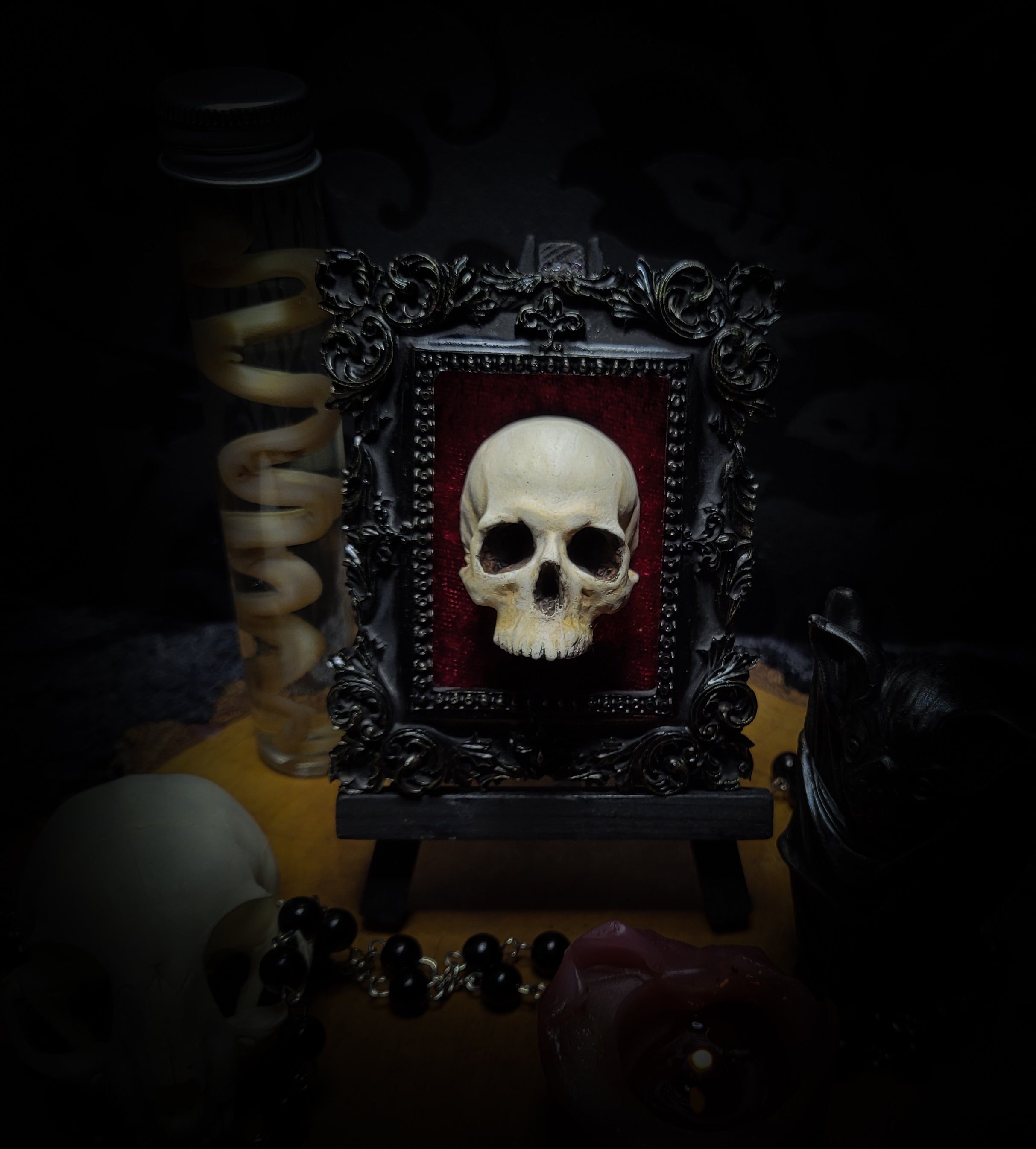 Memento parvum — handmade gothic skull shadowbox, baroque ornate frame, red velvet, dark altar decor, made to order, Morbid Oddities
