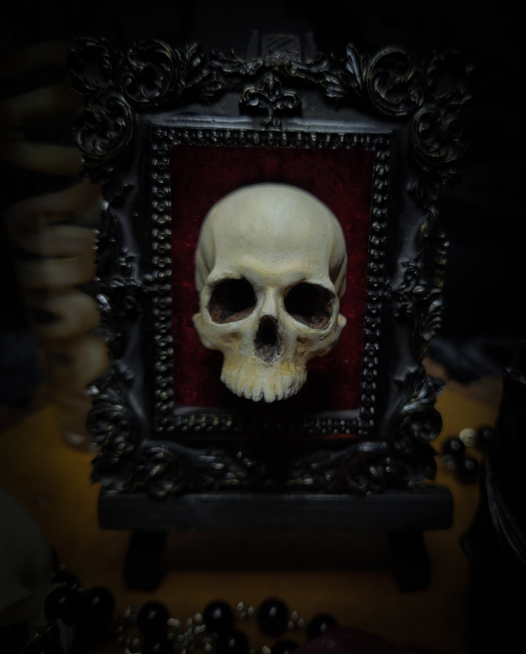 Memento parvum — handmade gothic skull shadowbox, baroque ornate frame, red velvet, dark altar decor, made to order, Morbid Oddities
