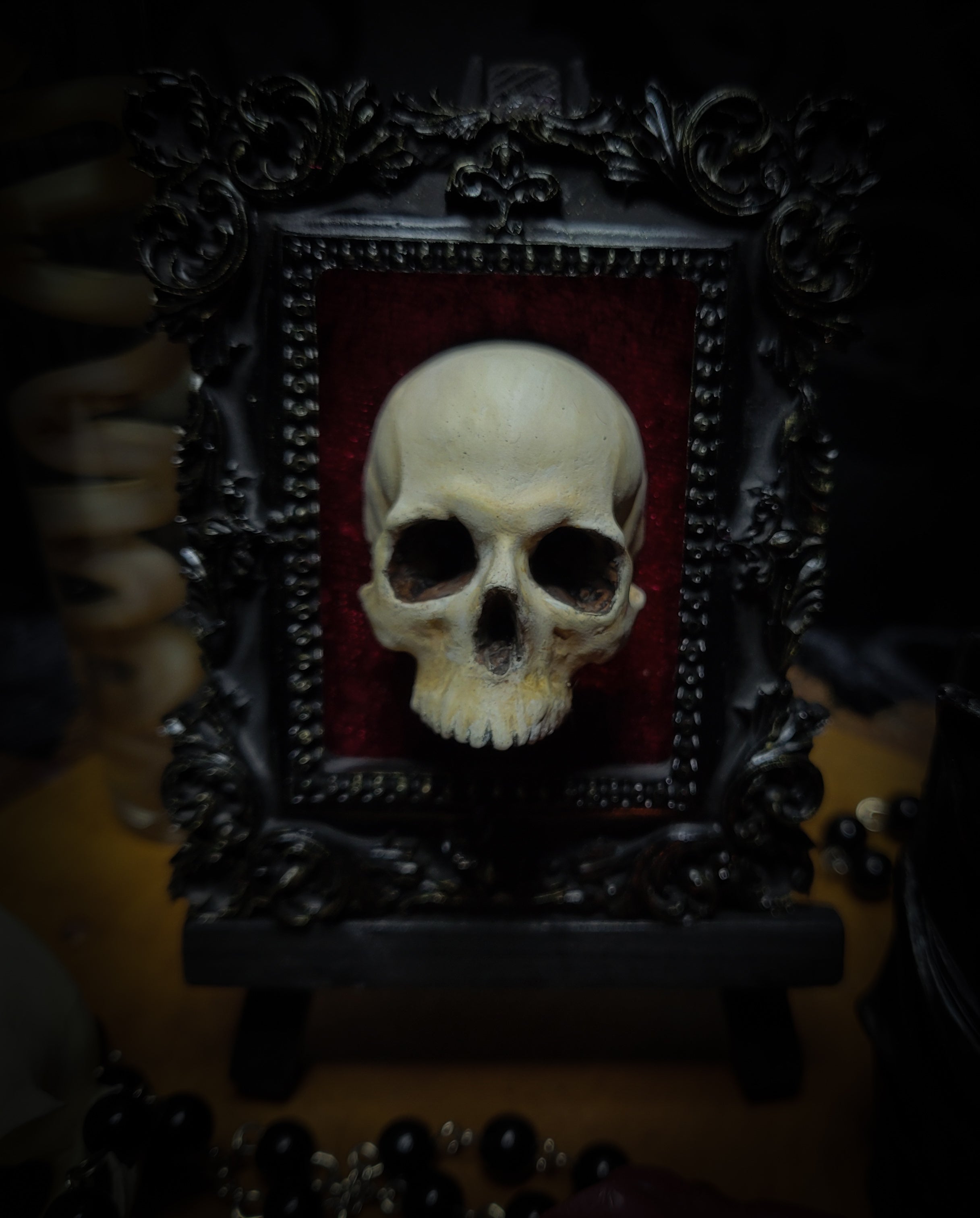 Memento parvum — handmade gothic skull shadowbox, baroque ornate frame, red velvet, dark altar decor, made to order, Morbid Oddities
