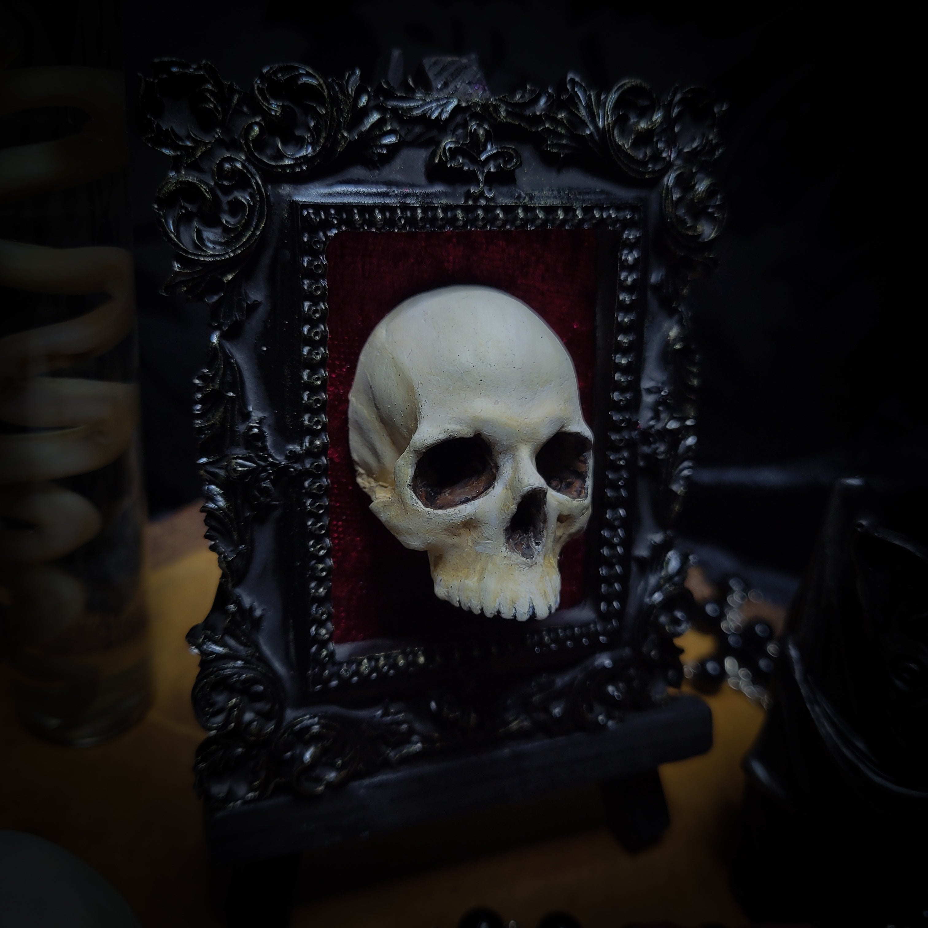Memento parvum — handmade gothic skull shadowbox, baroque ornate frame, red velvet, dark altar decor, made to order, Morbid Oddities
