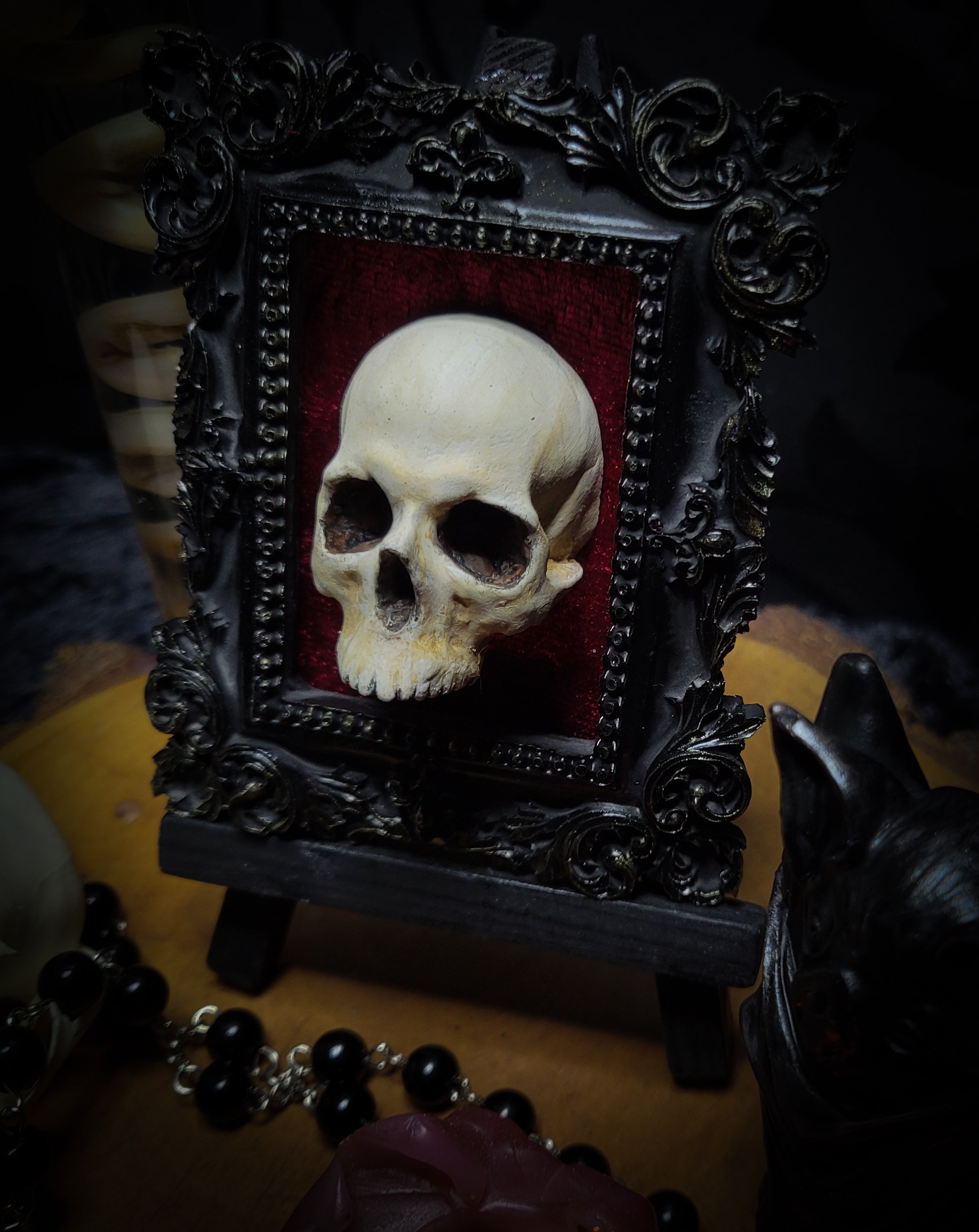 Memento parvum — handmade gothic skull shadowbox, baroque ornate frame, red velvet, dark altar decor, made to order, Morbid Oddities
