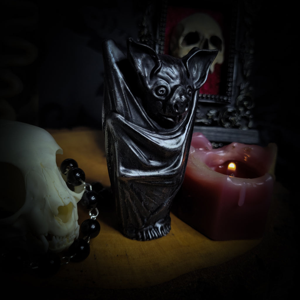 Nocturna Custodia — handmade gothic bat sculpture, dark metallic finish, nocturnal altar decor, made to order, Morbid Oddities
