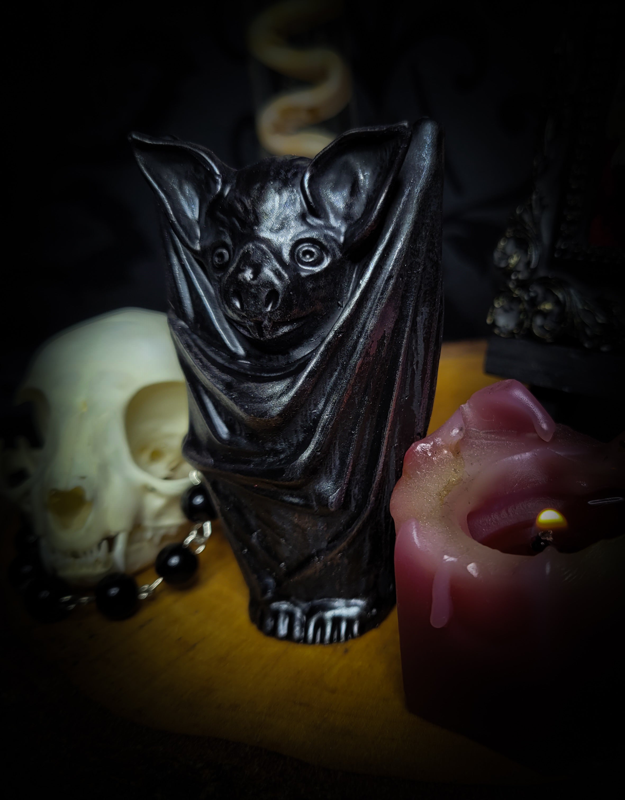 Nocturna Custodia — handmade gothic bat sculpture, dark metallic finish, nocturnal altar decor, made to order, Morbid Oddities
